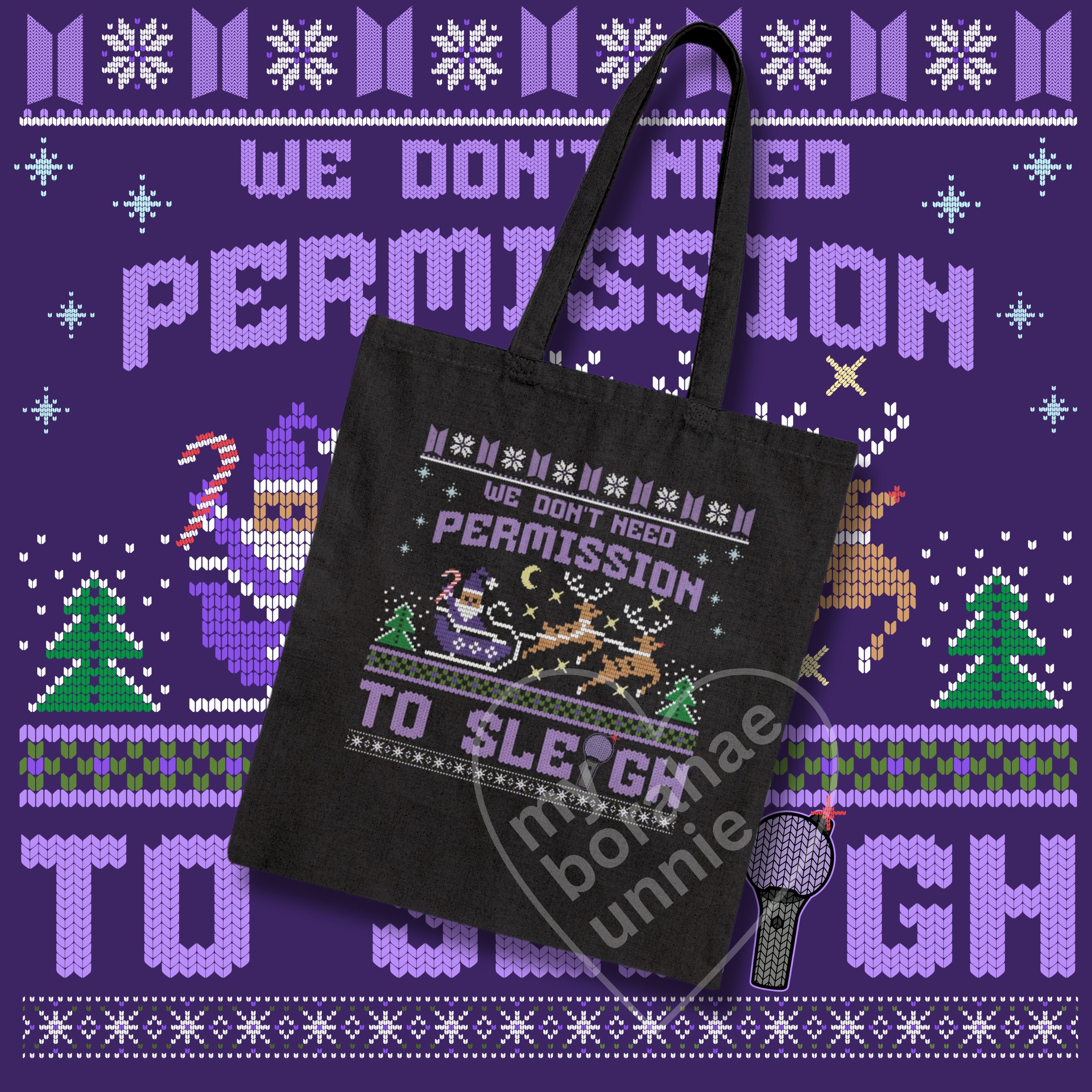 Permission To Sleigh Ugly Christmas Cotton Canvas Tote Bag, FAUX stitch product thumbnail image Permission To Sleigh Ugly Christmas Cotton Canvas Tote Bag, FAUX stitch product thumbnail image
