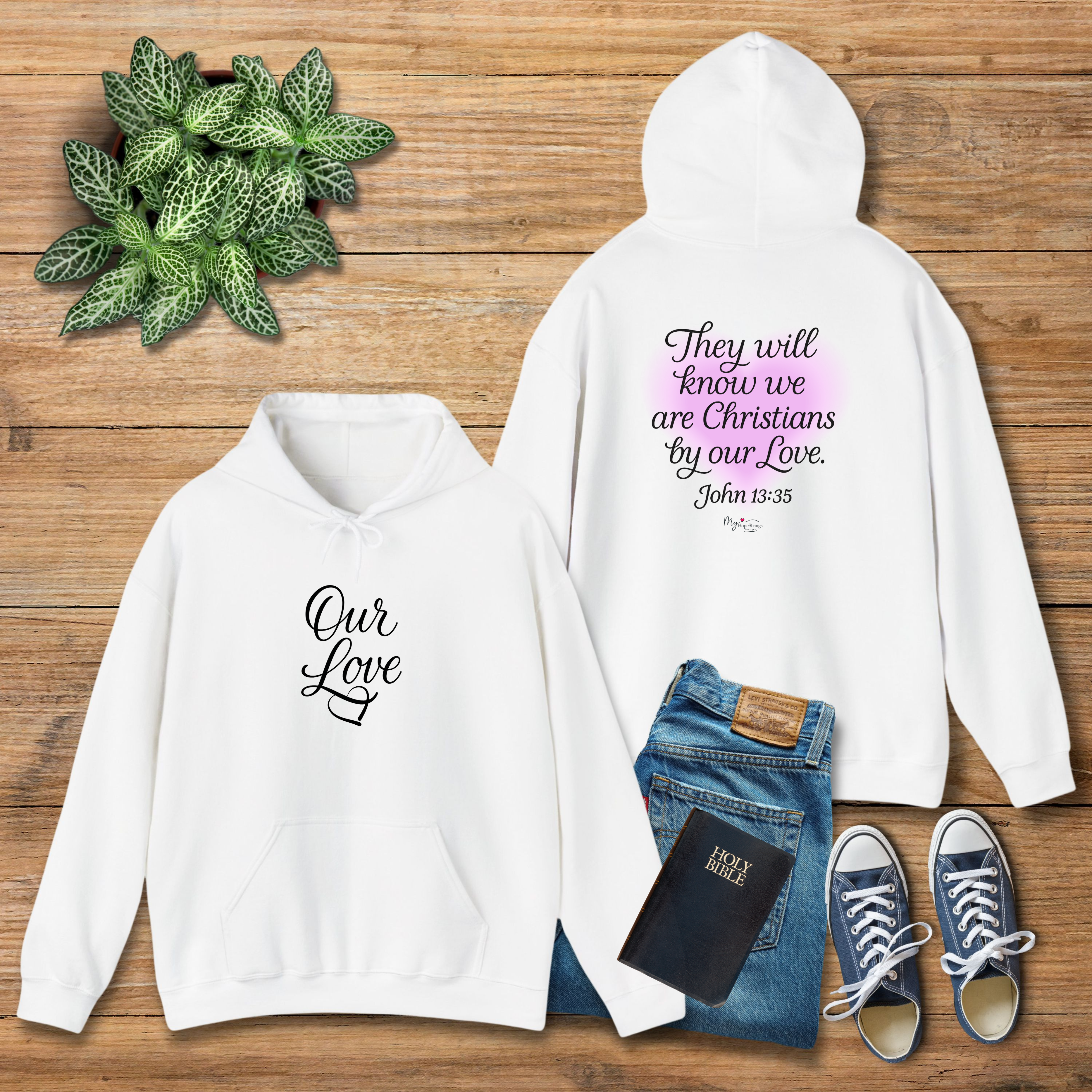 Christian Love Hoodie — "They Will Know We Are Christians by Our Love" with Pink Heart Christian Love Hoodie — "They Will Know We Are Christians by Our Love" with Pink Heart