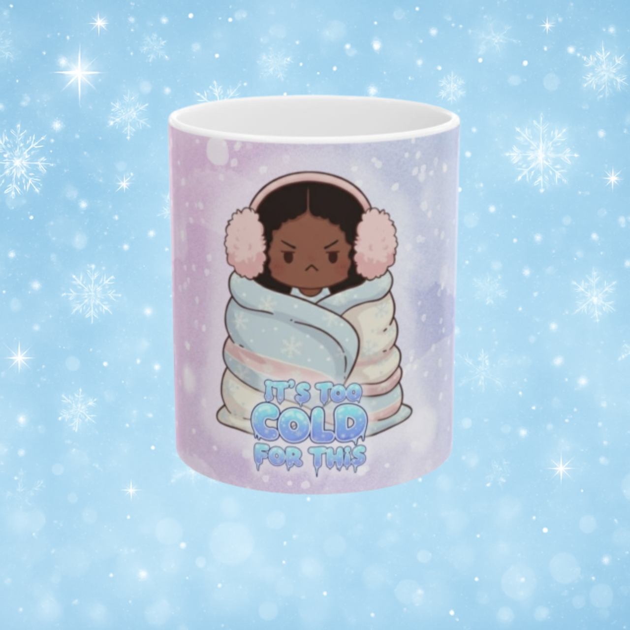 Cute Girl Peeking in Snow Ceramic Mug – Winter Snowflake Holiday Coffee Cup (11oz)