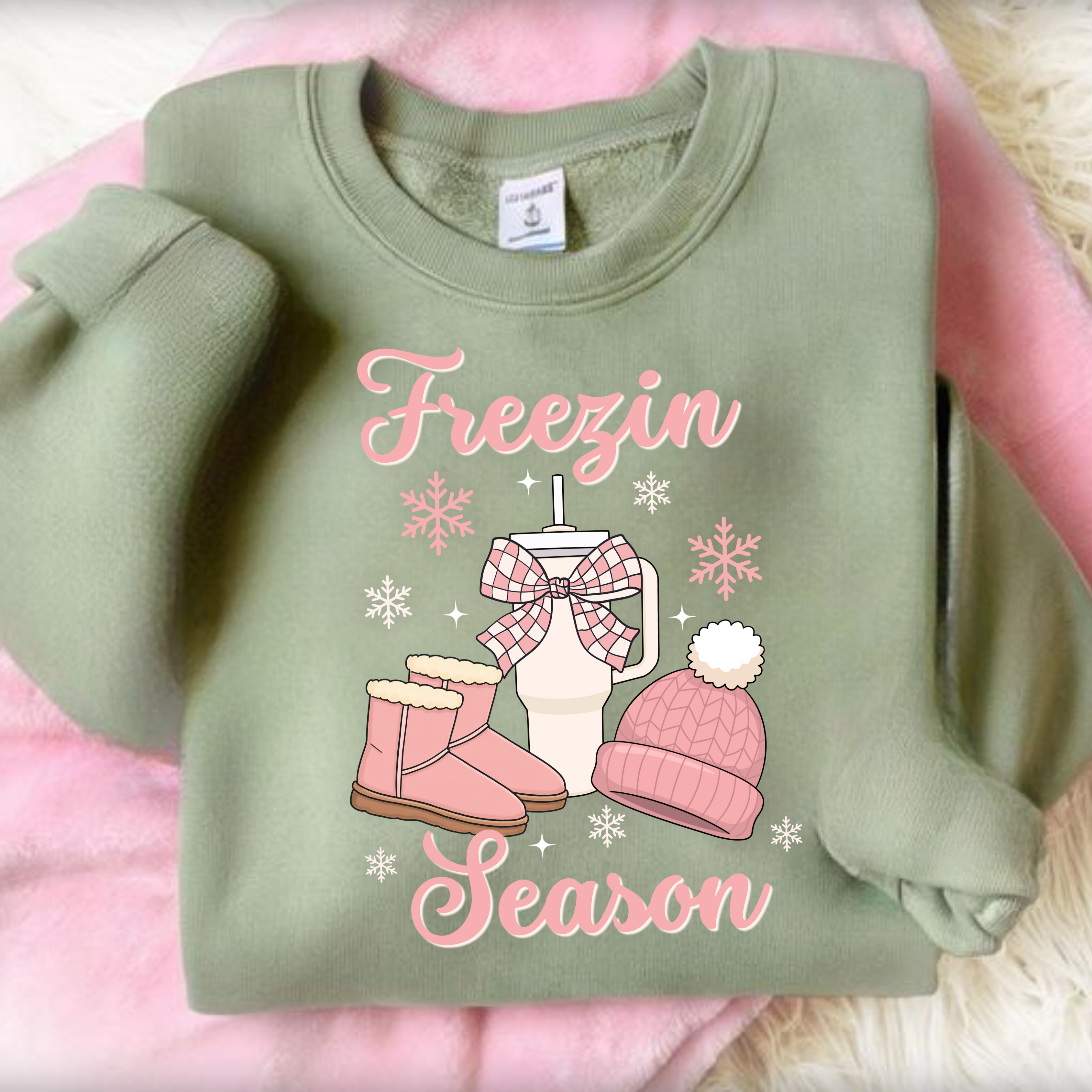 Freezin' Season Sweatshirt - Pink Winter Hat & Mittens Cozy Crewneck Freezin' Season Sweatshirt - Pink Winter Hat & Mittens Cozy Crewneck