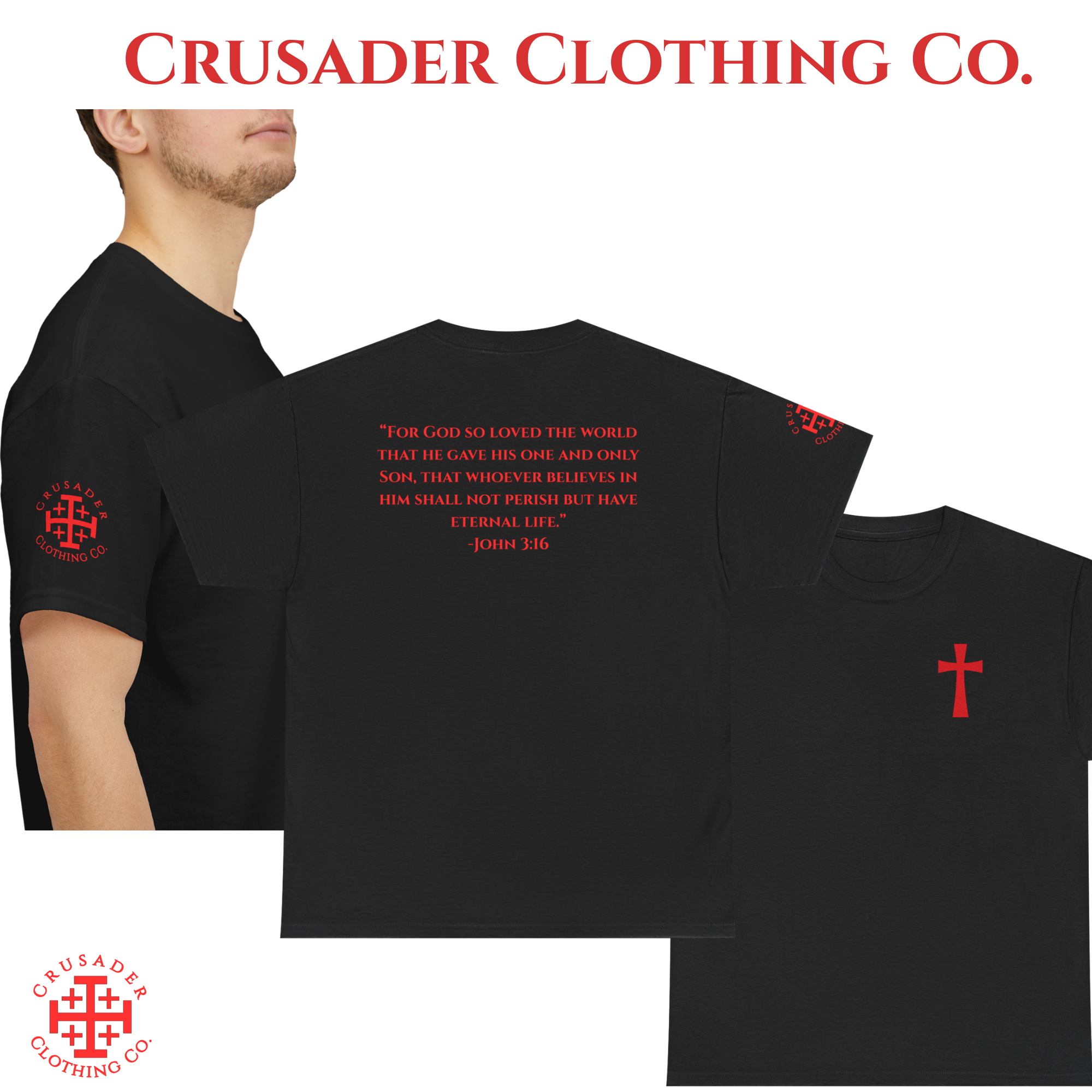 Crusader Cross Chest Tee – John 3:16 Back Print | Christian Shirt | Faith Streetwear | Crusader Clothing Co.