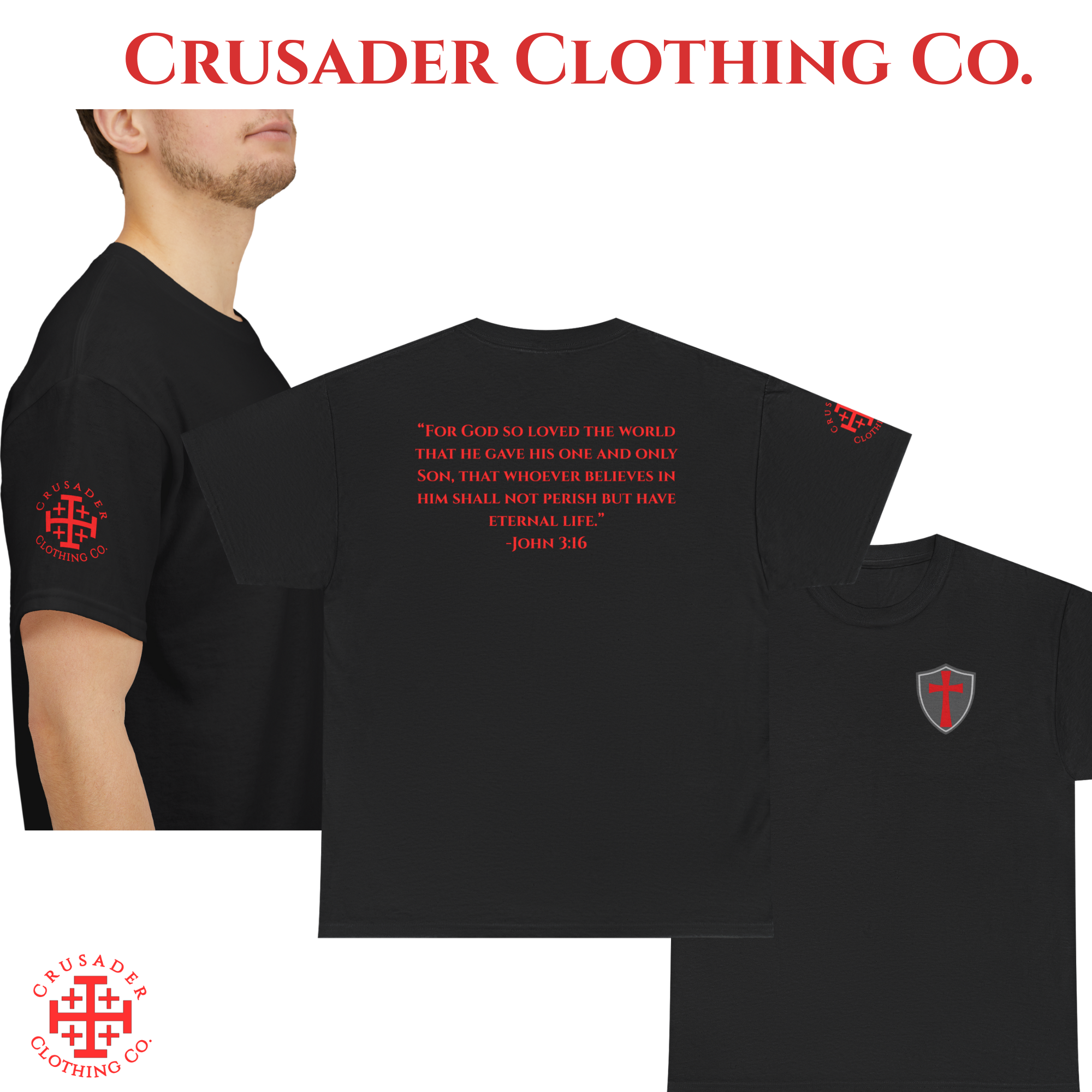 Crusader Shield Chest Tee – John 3:16 Back Print | Christian Streetwear | Faith Apparel | Crusader Clothing Co.
