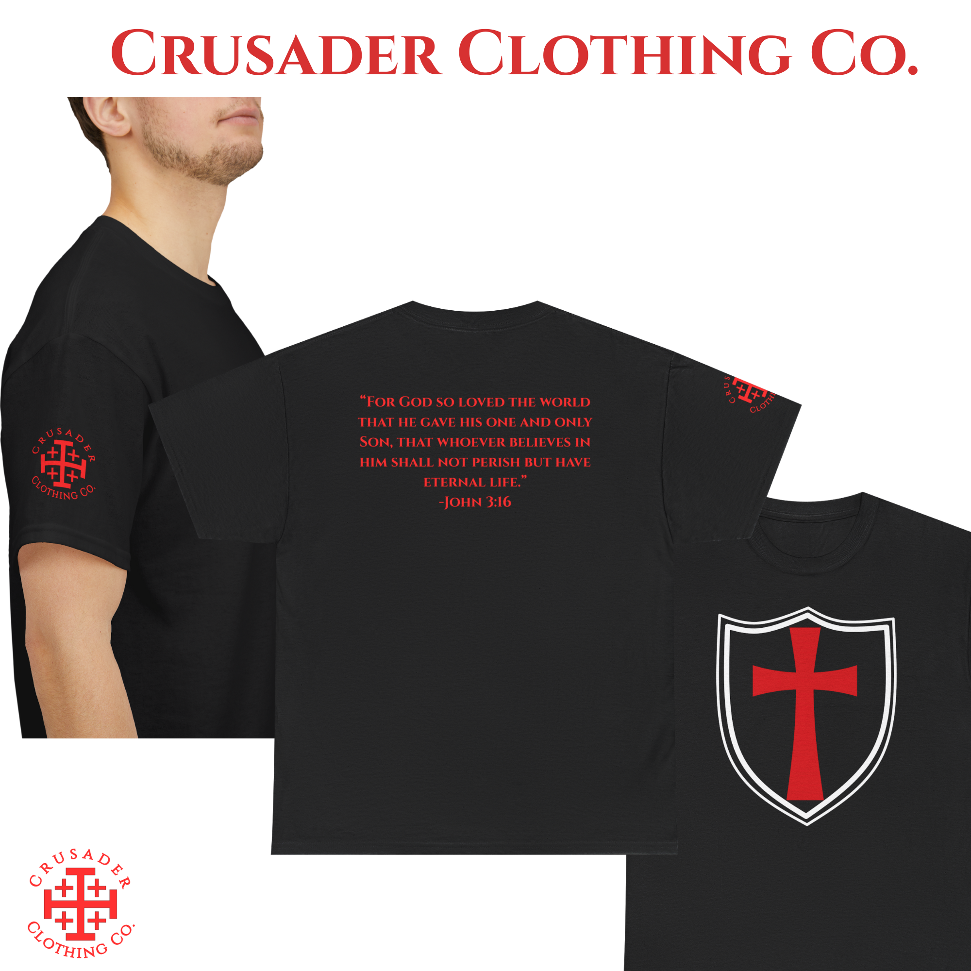 Crusader Shield Tee – Large Front Shield &amp; John 3:16 Back Print | Christian Shirt | Faith Streetwear | Crusader Clothing Co.