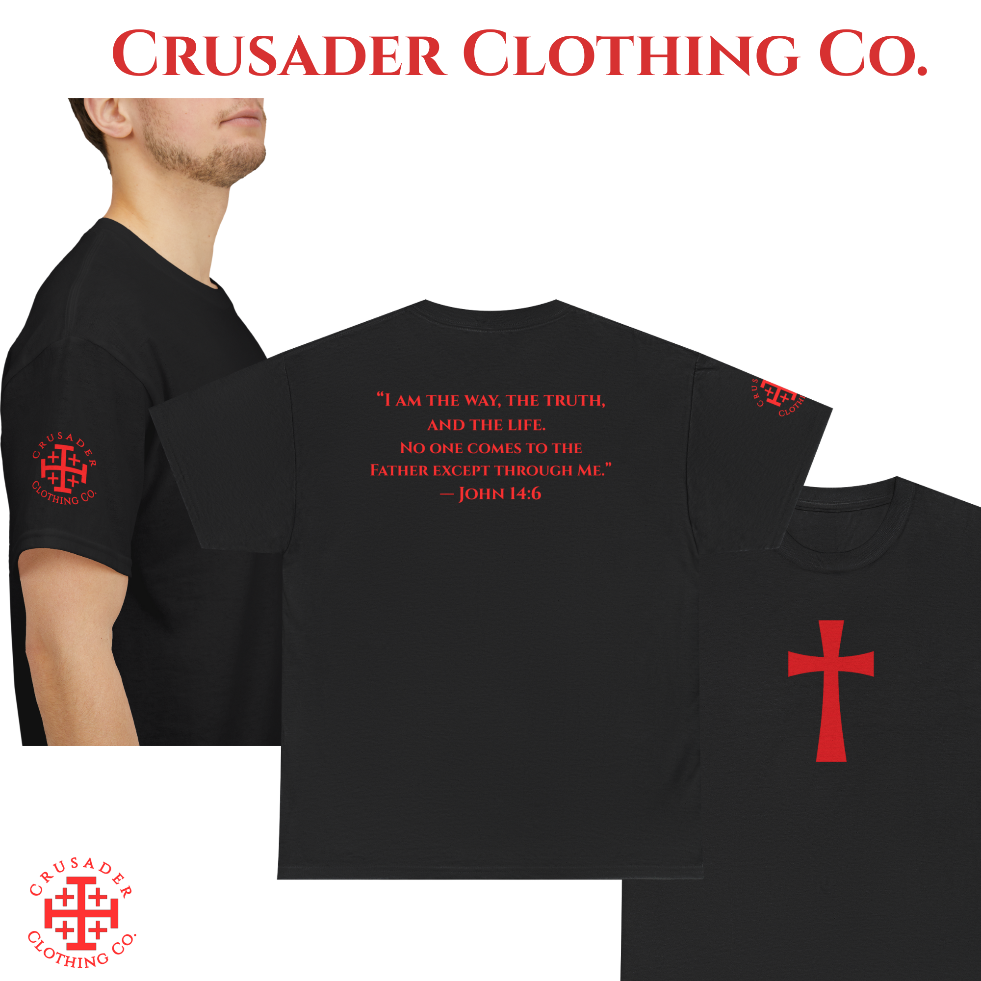 Crusader Cross Tee – John 14:6 Back Print | Christian Shirt | Faith Streetwear | Crusader Clothing Co. product thumbnail image Crusader Cross Tee – John 14:6 Back Print | Christian Shirt | Faith Streetwear | Crusader Clothing Co. product thumbnail image