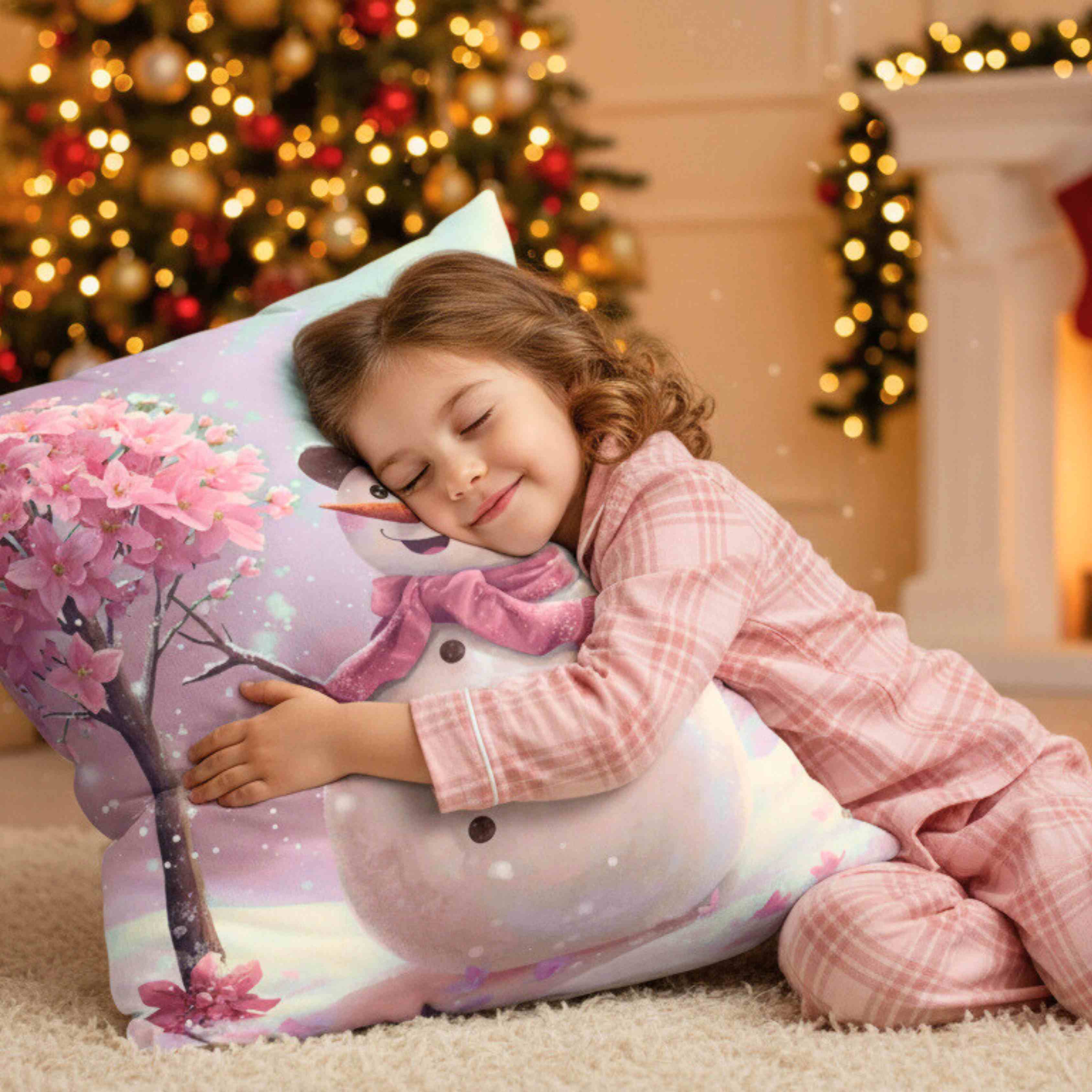 Pink Flower Tree Snowman Pillow – Rosy-Cheeked Snowman Beside Pink Flower Tree – Cozy Snowglobe Holiday Decorative Cushion with Insert, Gift for Friends and Family product thumbnail image