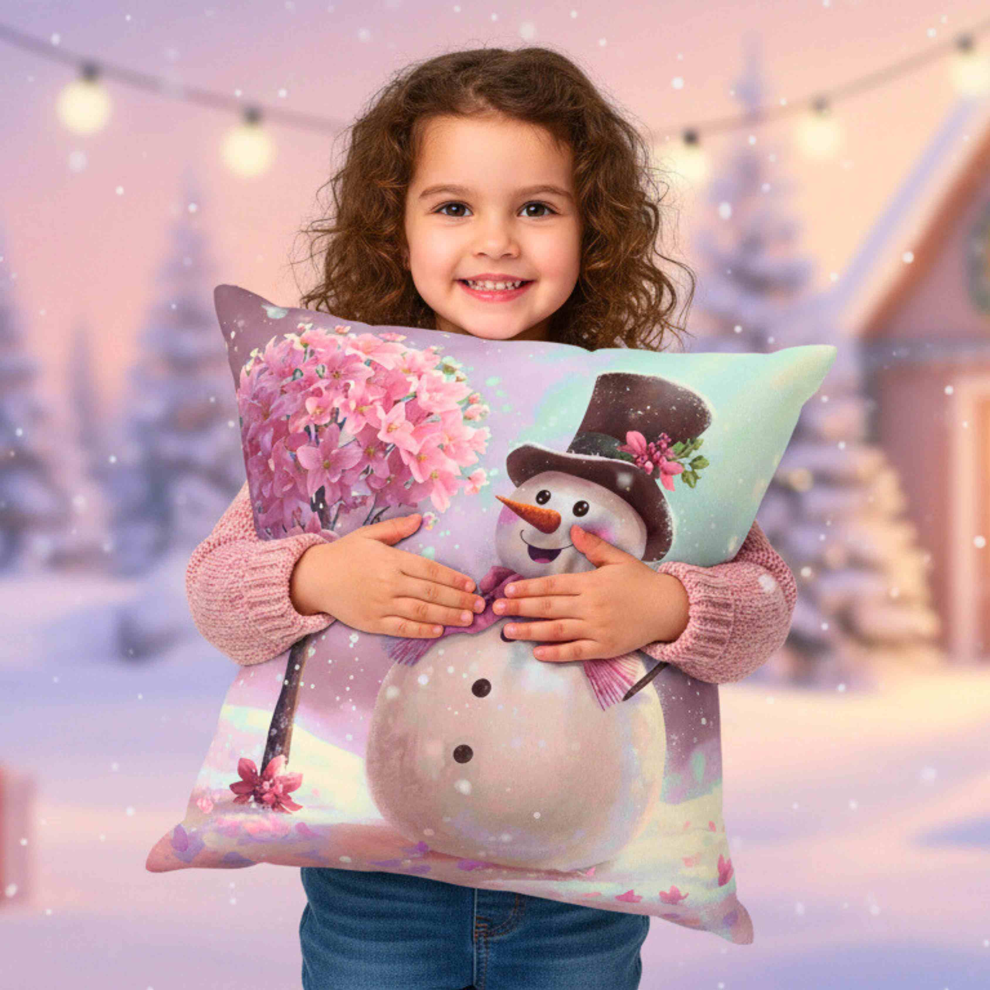 Pink Flower Tree Snowman Pillow – Rosy-Cheeked Snowman Beside Pink Flower Tree – Cozy Snowglobe Holiday Decorative Cushion with Insert, Gift for Friends and Family