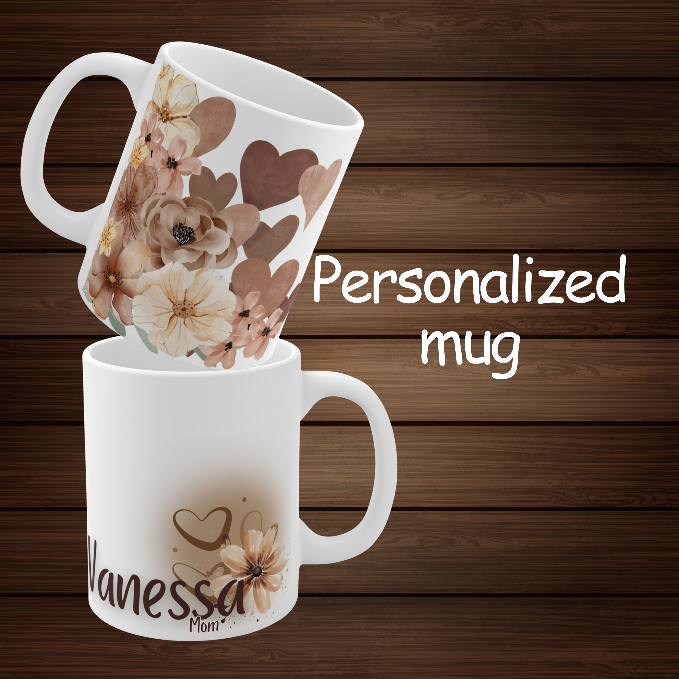 Personalized Floral Name Mug, Custom Heart &amp; Flower Coffee Cup, Gift for Mom, Wife, Sister, Friend, Custom Ceramic Mug  product thumbnail image