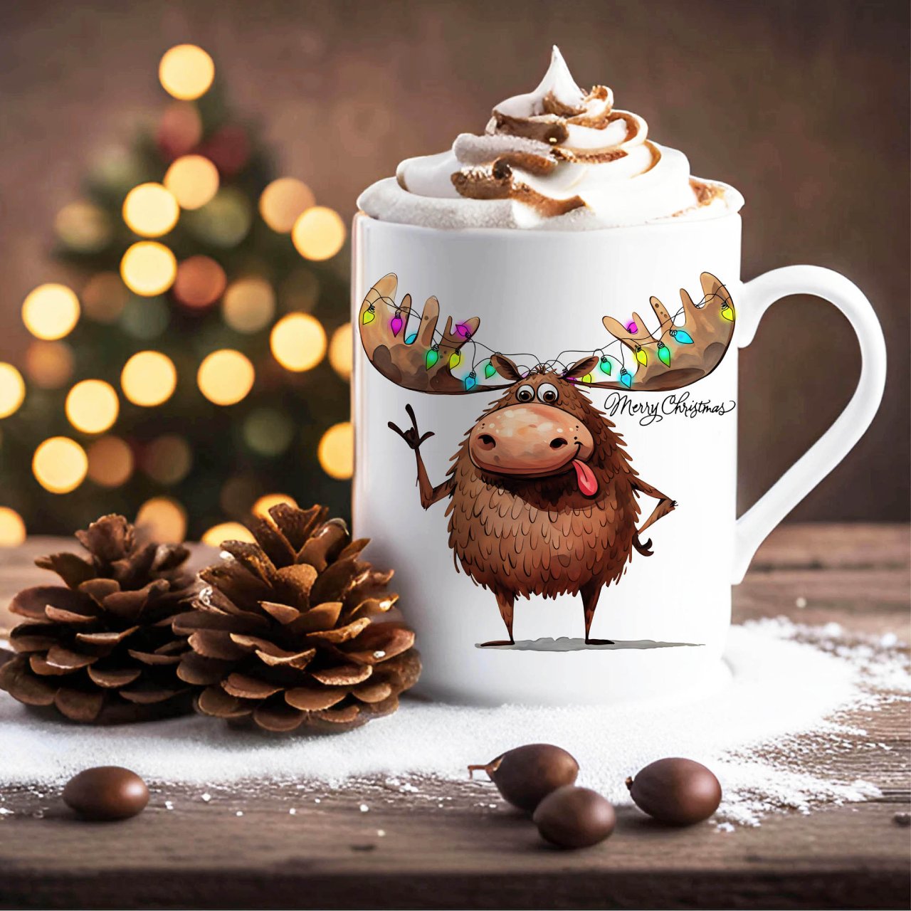 ASL ILY Christmas Moose Ceramic Mug (American Sign Language I Love You) - Cute Holiday Lights Moose, "Merry Christmas" 11oz/15oz product thumbnail image