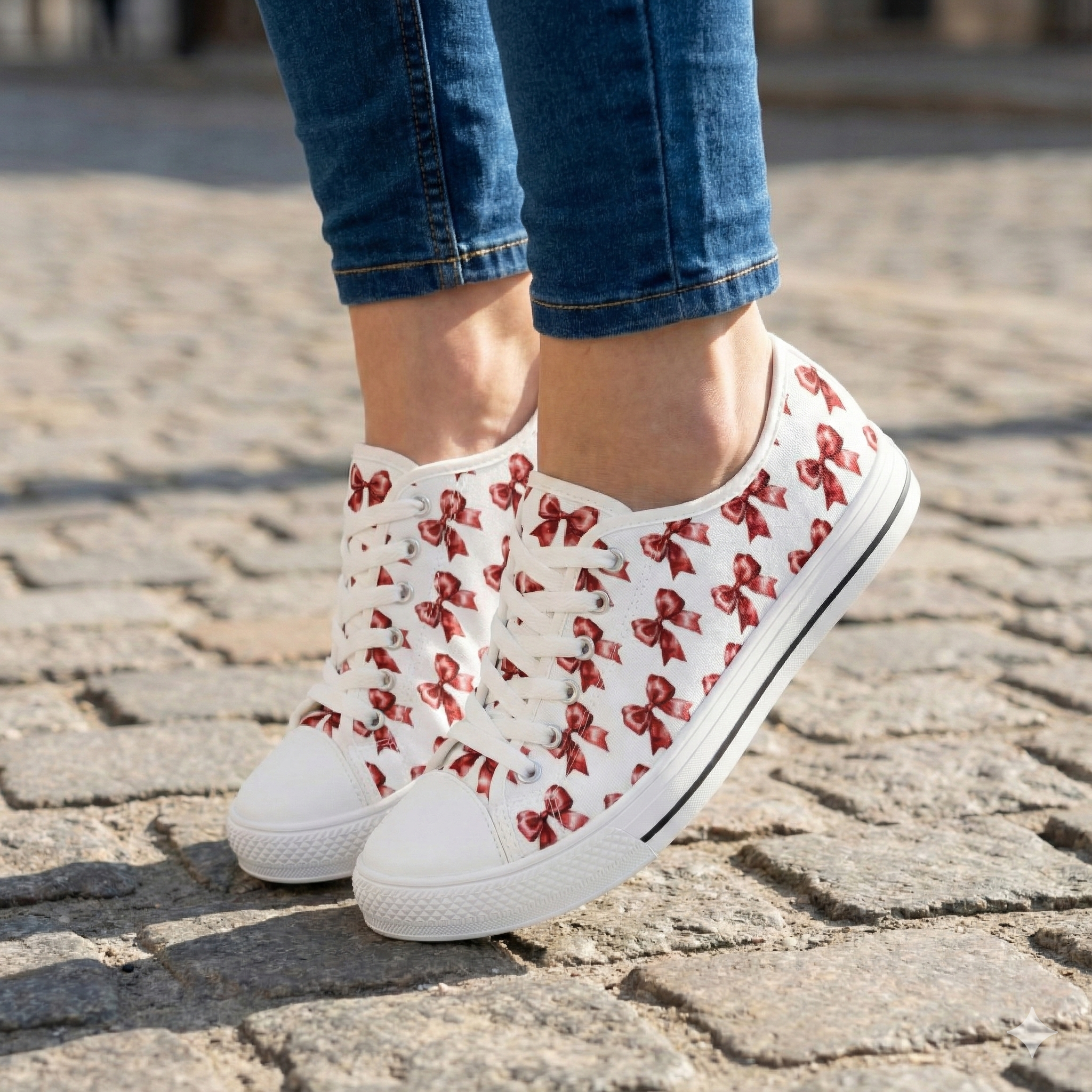 Women's Low Top Sneakers — Red Bow Pattern Casual Canvas Shoes product thumbnail image