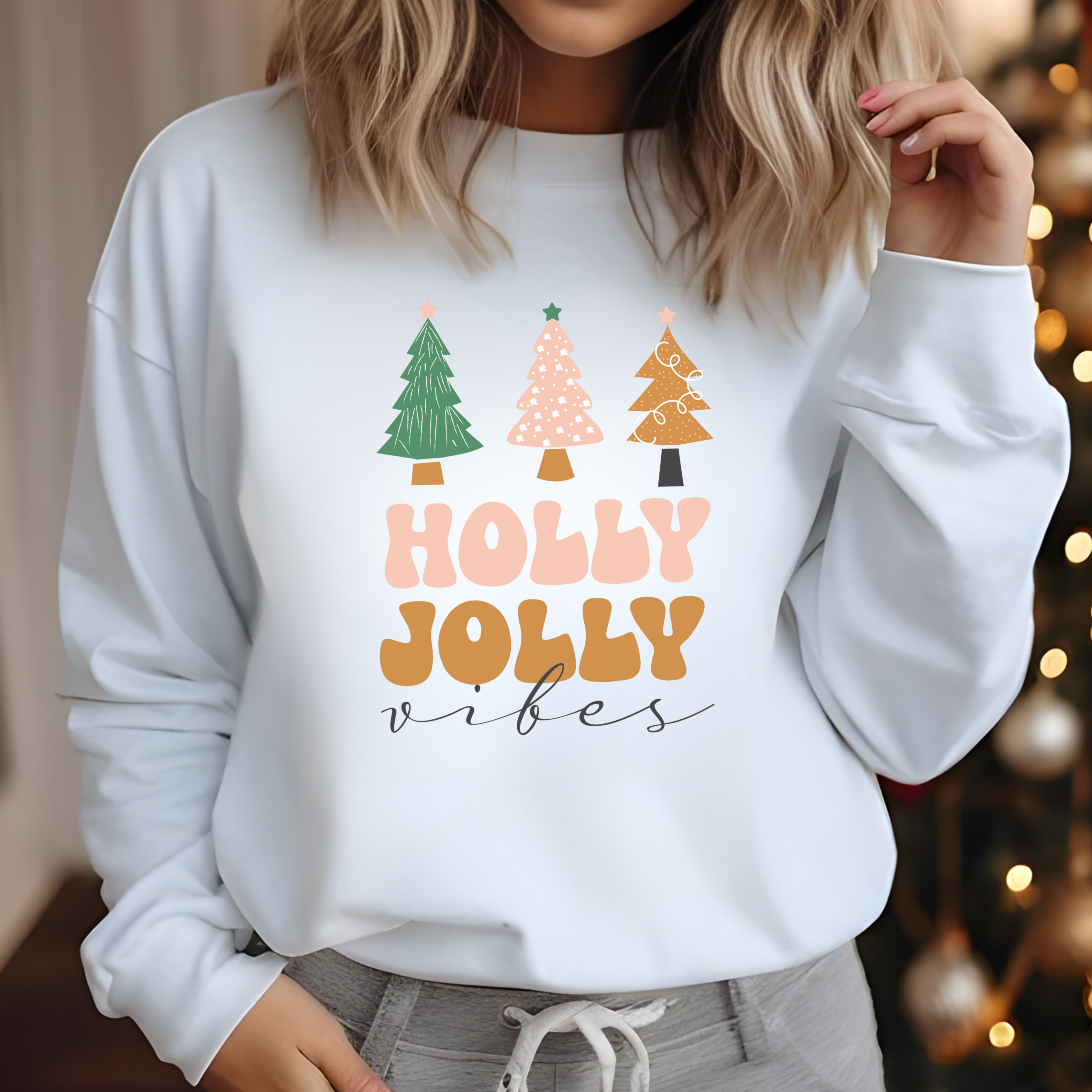Holly Jolly Christmas Sweatshirt — Retro Tree Holiday Crewneck