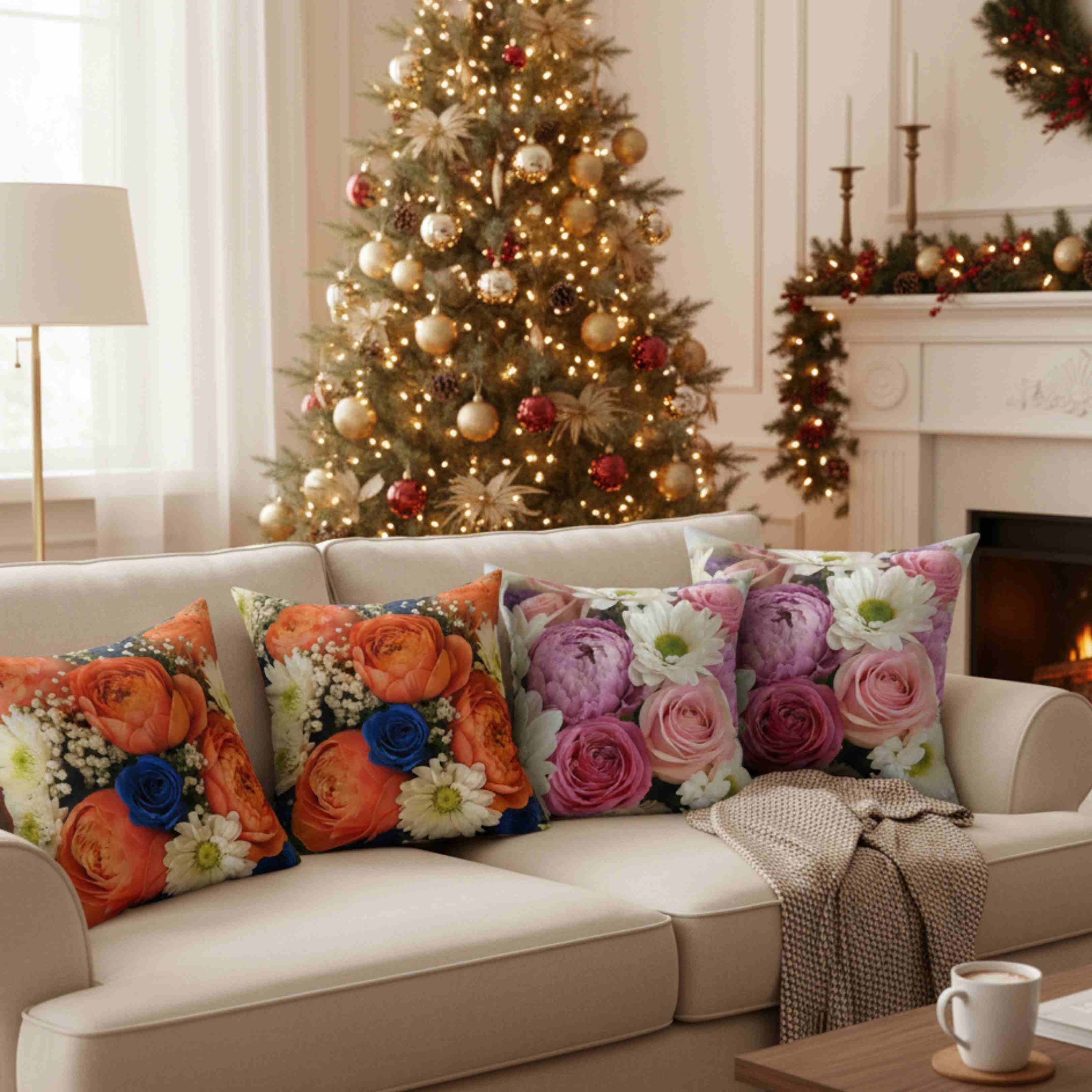 Orange Ranunculus and Blue Rose Bouquet Pillow | Floral Throw Pillow product thumbnail image