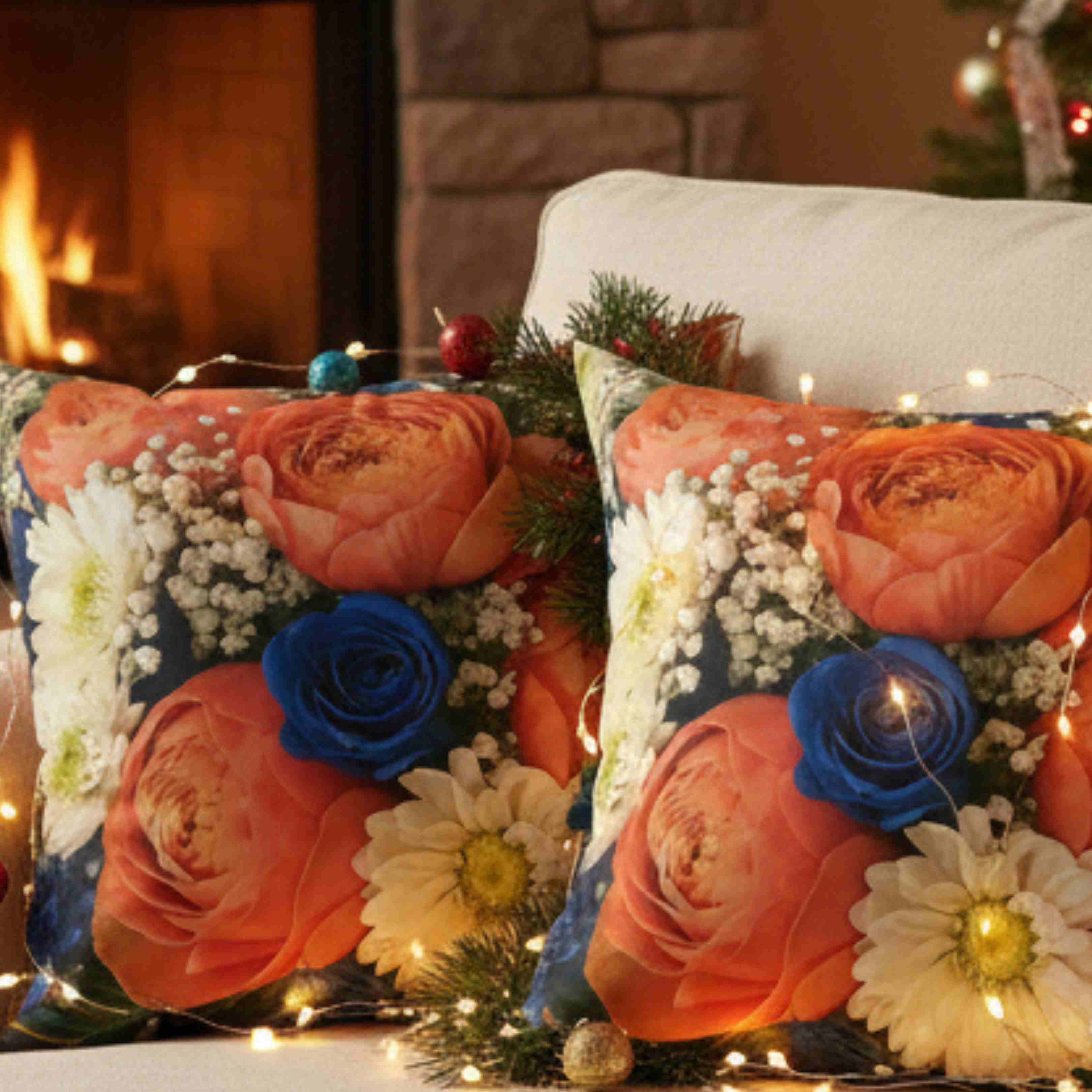Orange Ranunculus and Blue Rose Bouquet Pillow | Floral Throw Pillow product thumbnail image