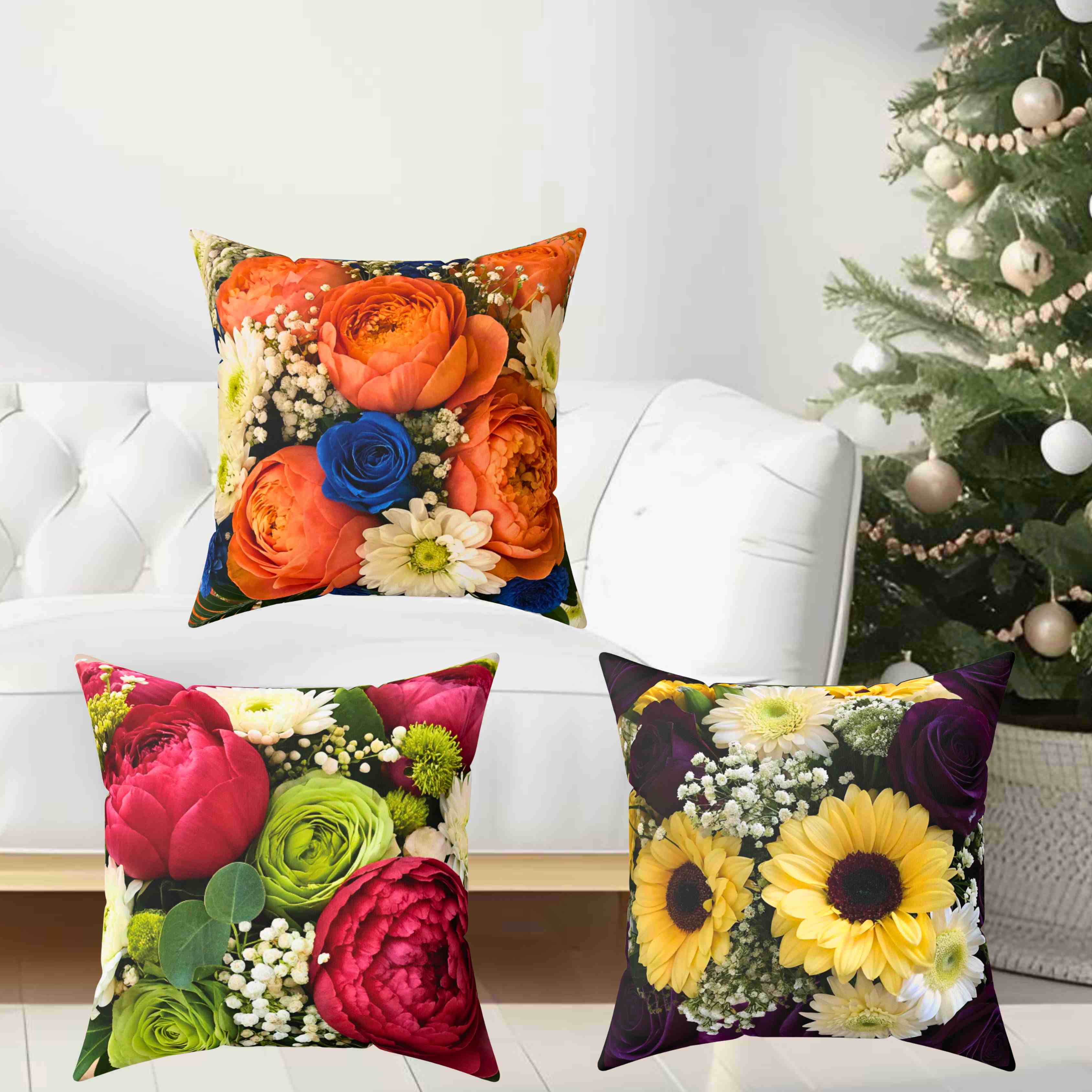 Orange Ranunculus and Blue Rose Bouquet Pillow | Floral Throw Pillow product thumbnail image