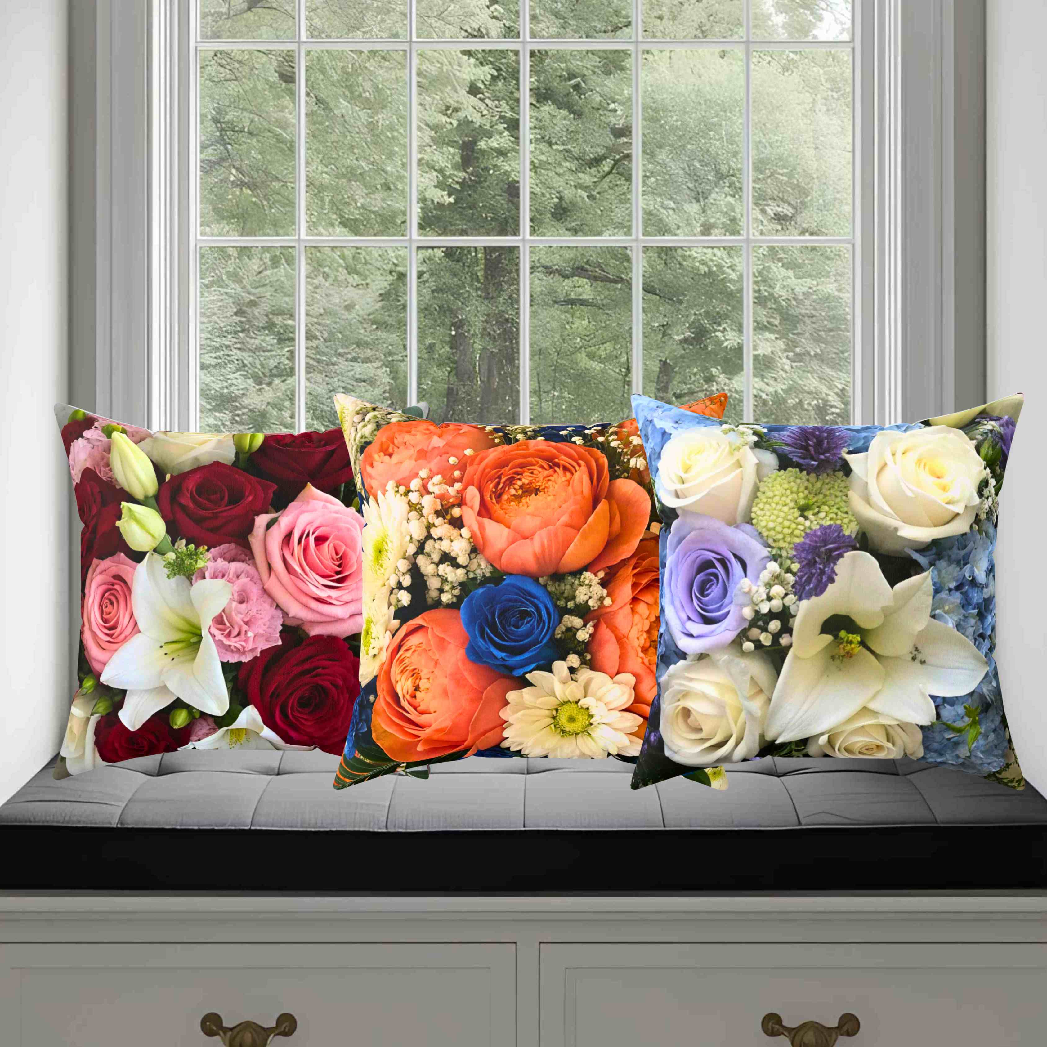 Orange Ranunculus and Blue Rose Bouquet Pillow | Floral Throw Pillow product thumbnail image