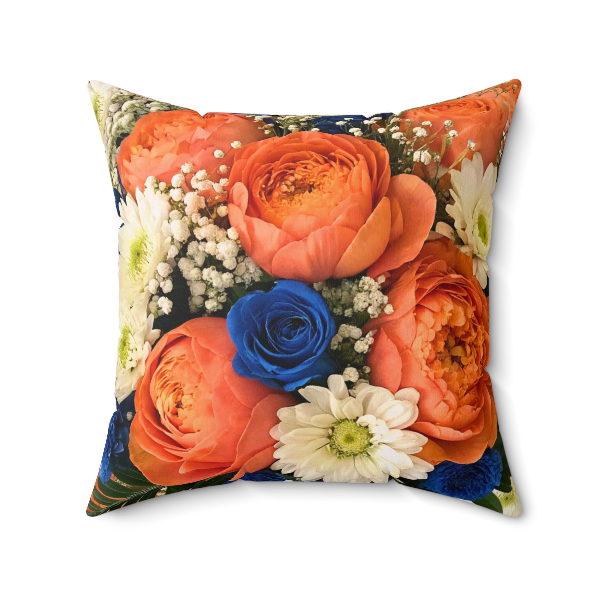 Orange Ranunculus and Blue Rose Bouquet Pillow | Floral Throw Pillow product thumbnail image