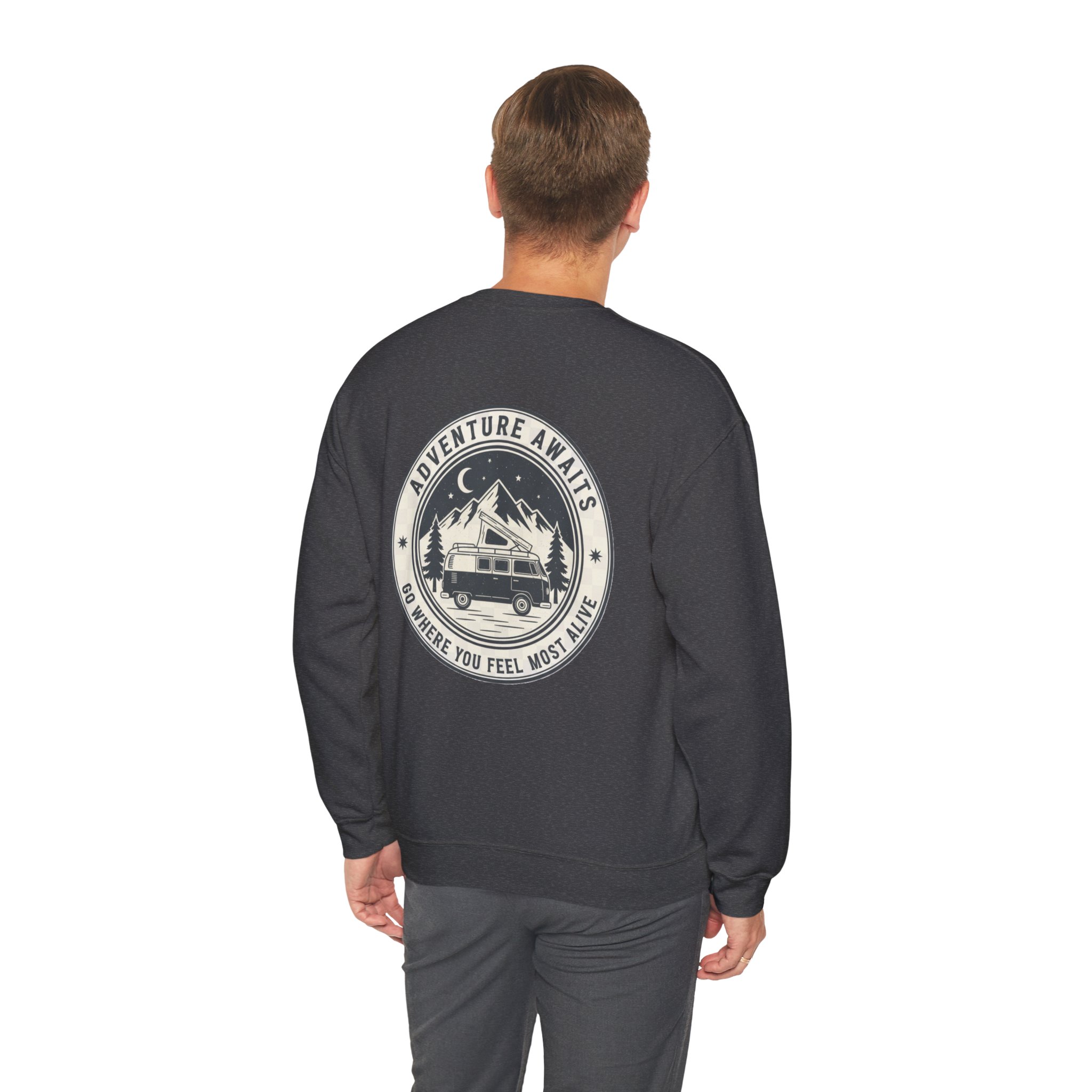 Crewneck Sweatshirt — "Adventure Awaits-Go Where You Feel Most Alive" (Only Back printed) Vintage Camper Van Outdoor Graphic product thumbnail image