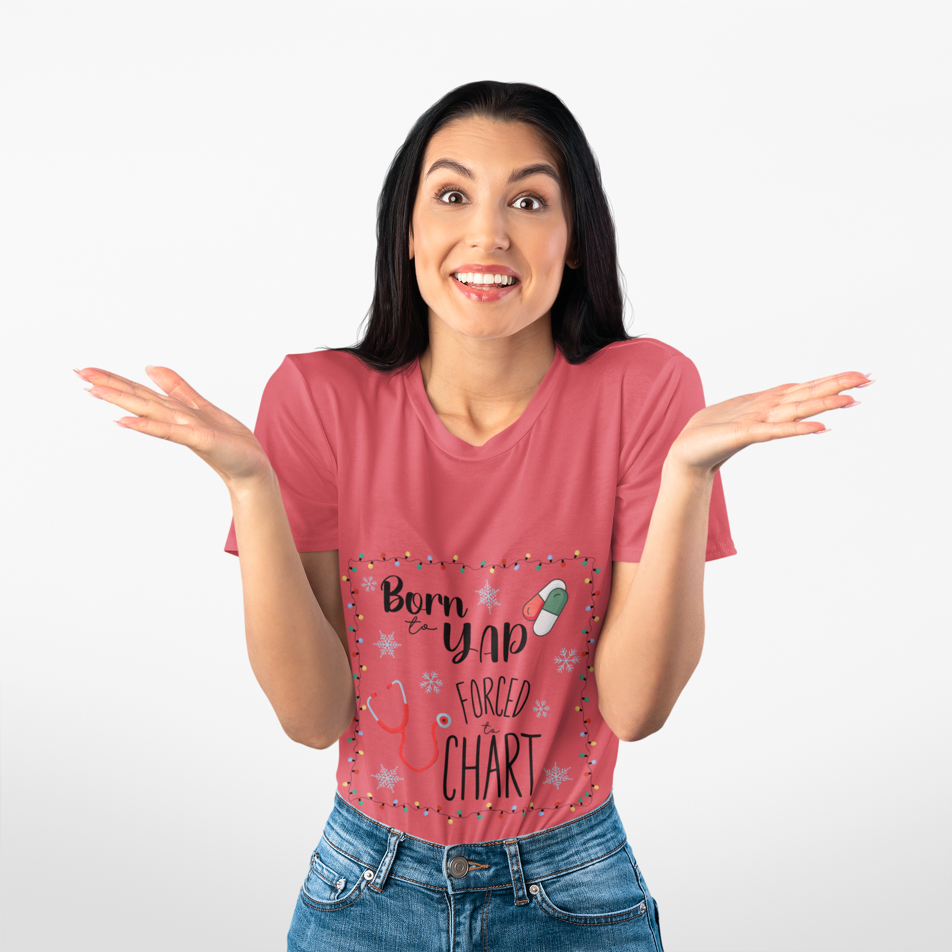 “Born to Yap, Forced to Chart” Christmas Nurse T-Shirt product thumbnail image