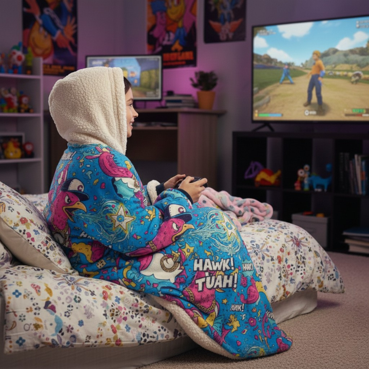 Brain Rot Hawk Tuah - Hooded Sherpa Fleece Blanket Brain Rot Hawk Tuah - Hooded Sherpa Fleece Blanket