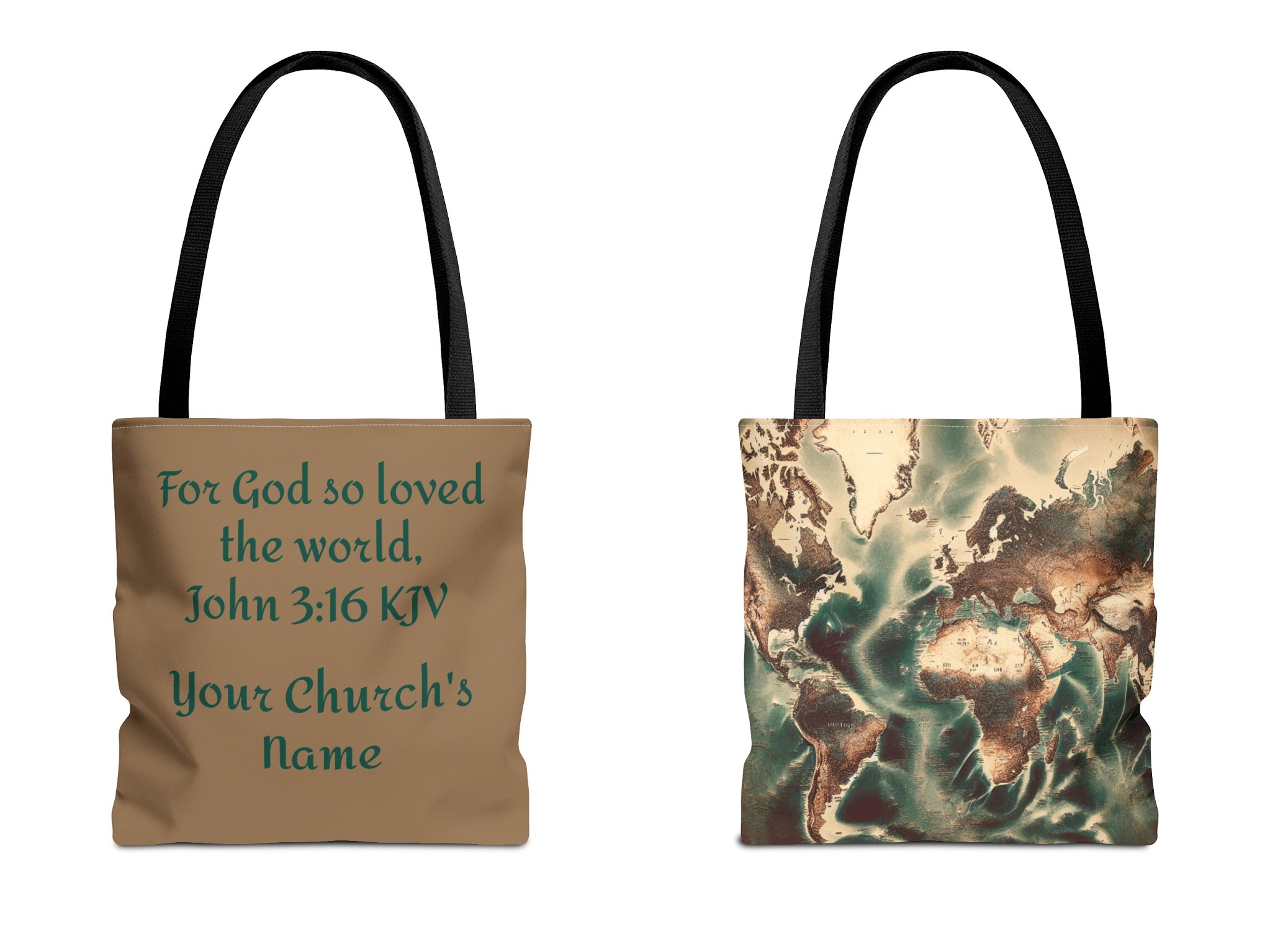 "Your Church's Name" World Map Tote with Bible Verse (AOP)