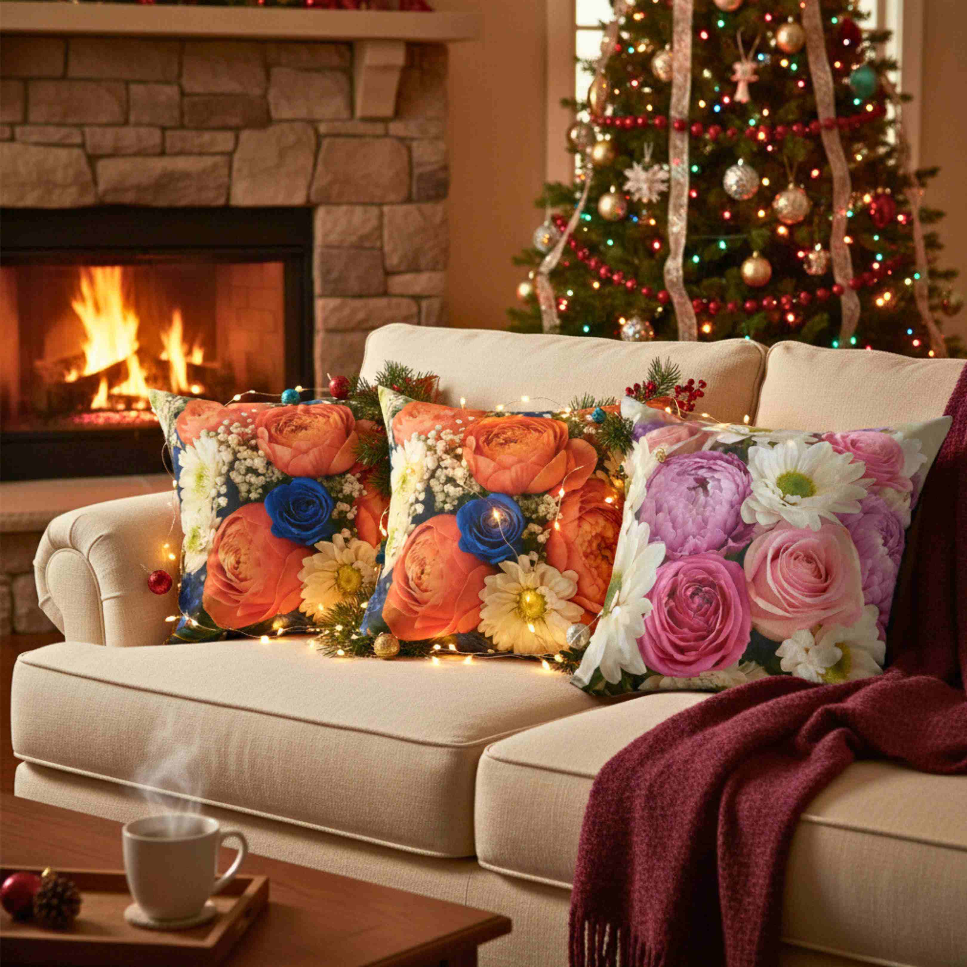 Fresh Roses, Peonies &amp; Daisies Pillow, Bright Floral Throw Cushion with Insert Cheerful Decorative Accent for Cozy, Elegant Home Décor product thumbnail image