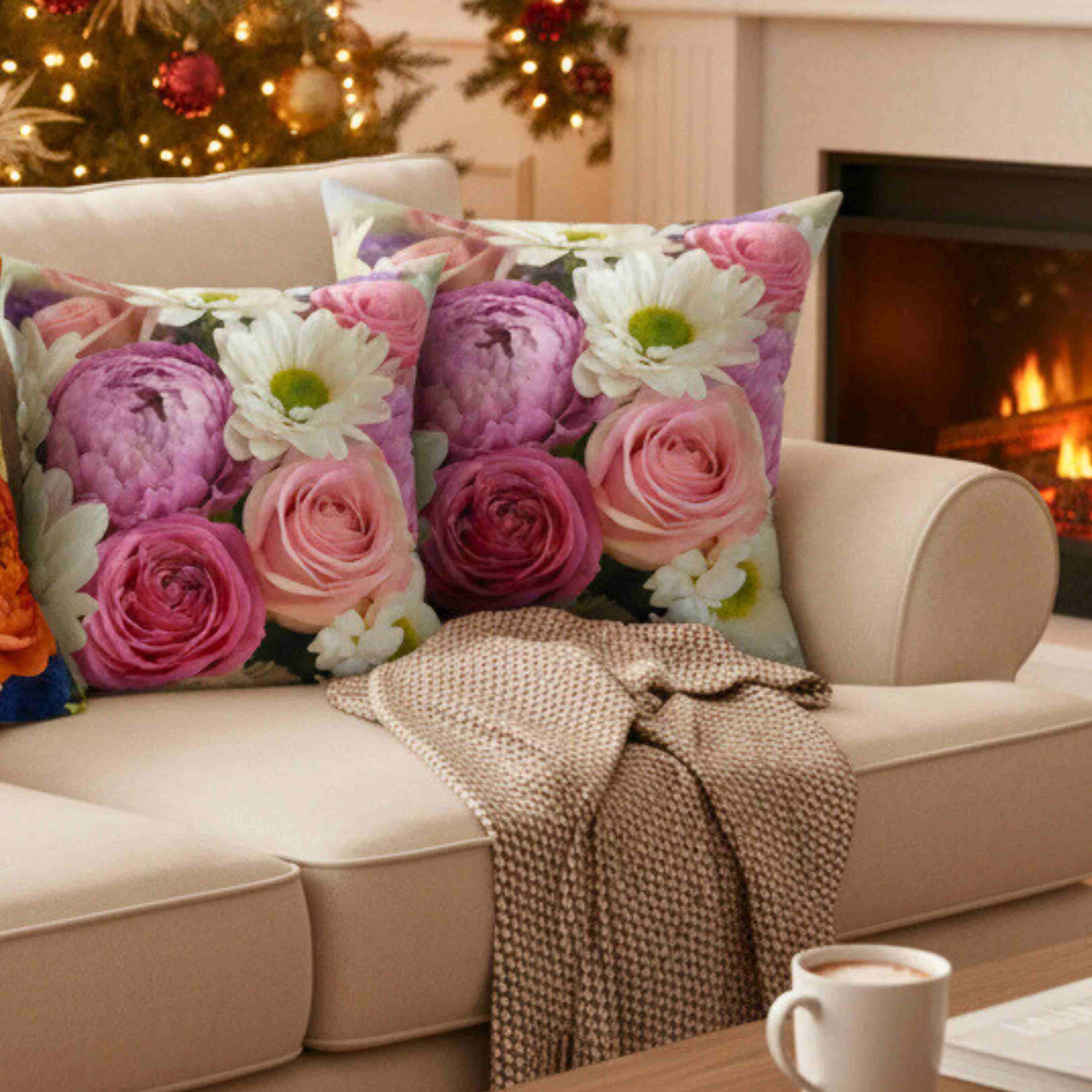 Fresh Roses, Peonies &amp; Daisies Pillow, Bright Floral Throw Cushion with Insert Cheerful Decorative Accent for Cozy, Elegant Home Décor product thumbnail image