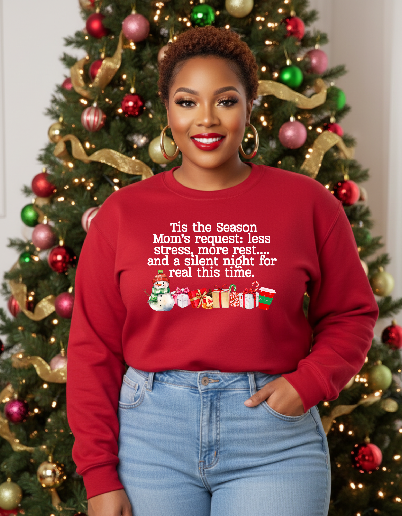 Christmas Mom Sweatshirt - "Tis the Season Mom's Request: Less Stress, More Rest" Holiday Crewneck