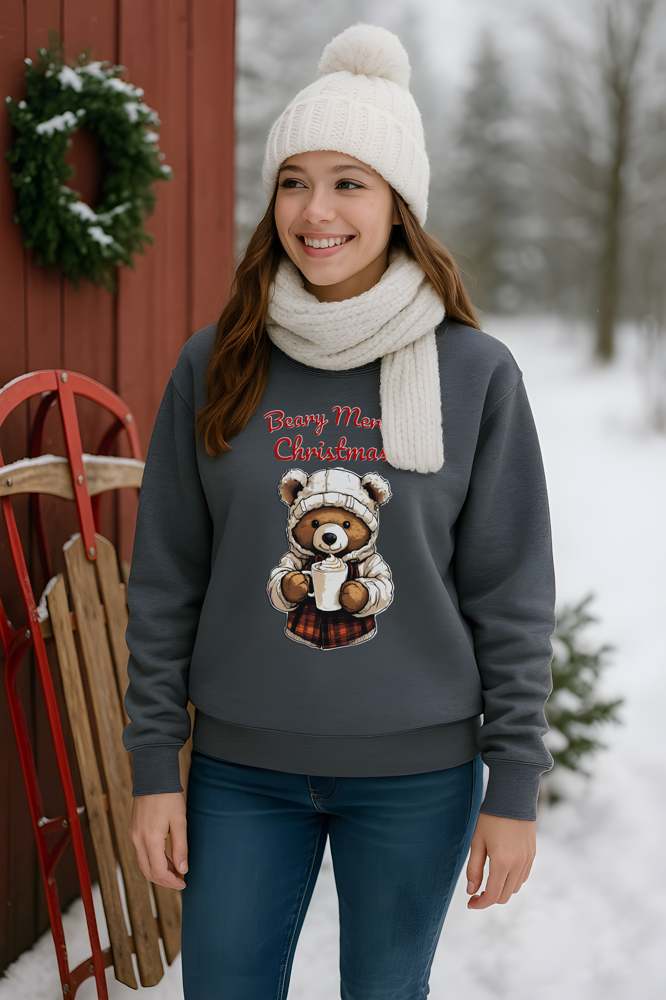 Bear-y Merry Christmas Bear Sweatshirt | Cute Holiday Coffee Lover Pullover | Cozy Winter Gift | Festive Bear Christmas Sweater | Unisex Pullover product thumbnail image Bear-y Merry Christmas Bear Sweatshirt | Cute Holiday Coffee Lover Pullover | Cozy Winter Gift | Festive Bear Christmas Sweater | Unisex Pullover product thumbnail image