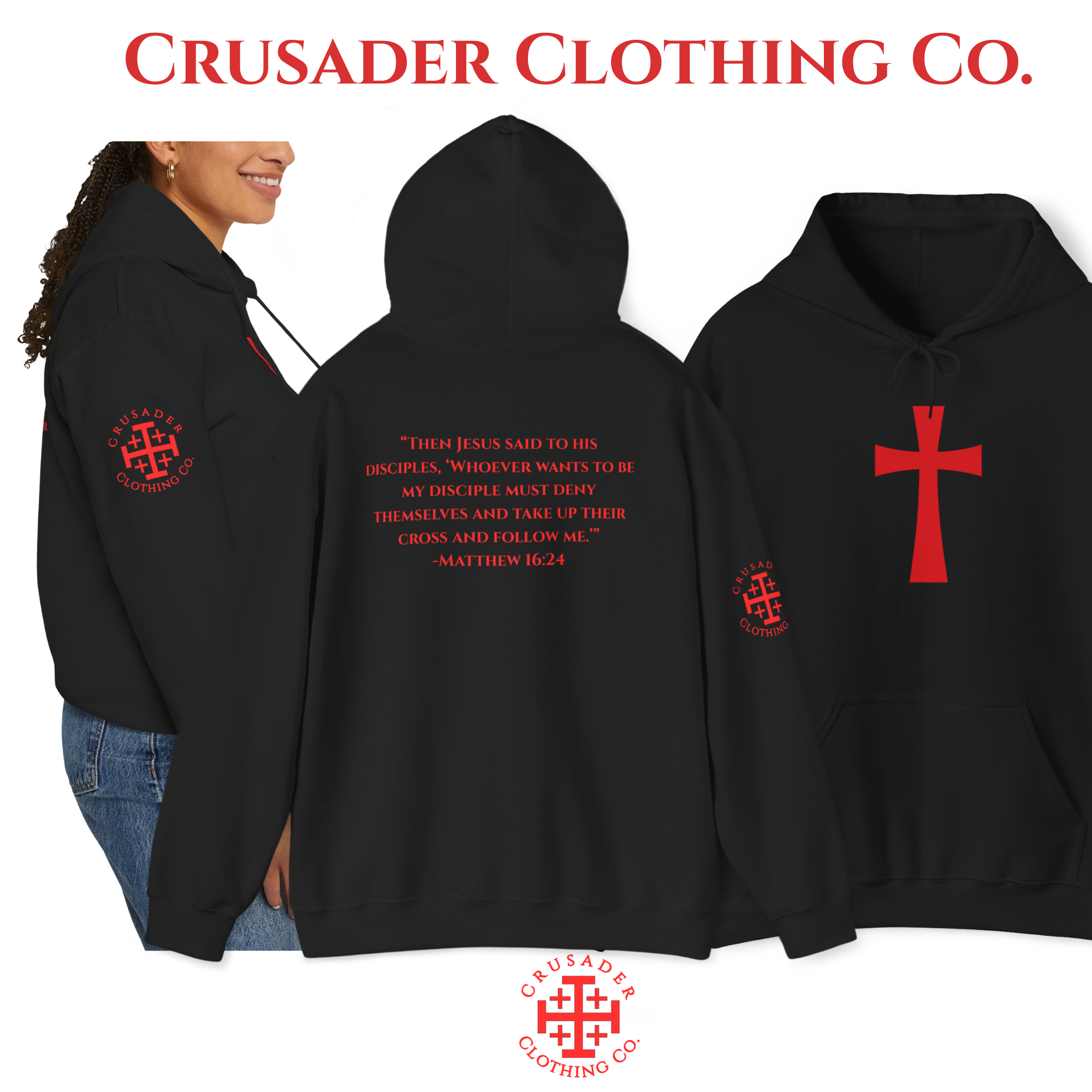 Crusader Cross Hoodie – Matthew 16:24 Back Print | Christian Hoodie | Faith Streetwear | Crusader Clothing Co. product thumbnail image Crusader Cross Hoodie – Matthew 16:24 Back Print | Christian Hoodie | Faith Streetwear | Crusader Clothing Co. product thumbnail image