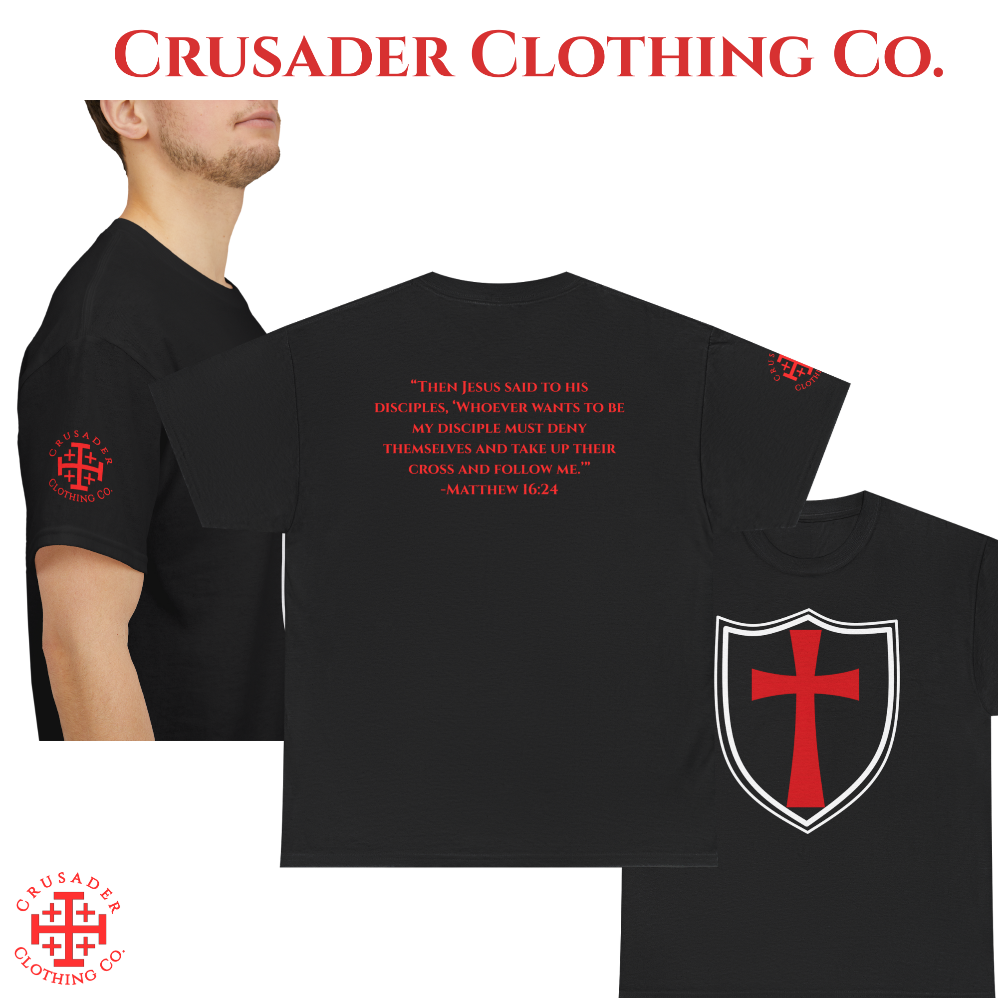Crusader Shield Tee – Matthew 16:24 | Christian Armor Shirt product thumbnail image Crusader Shield Tee – Matthew 16:24 | Christian Armor Shirt product thumbnail image