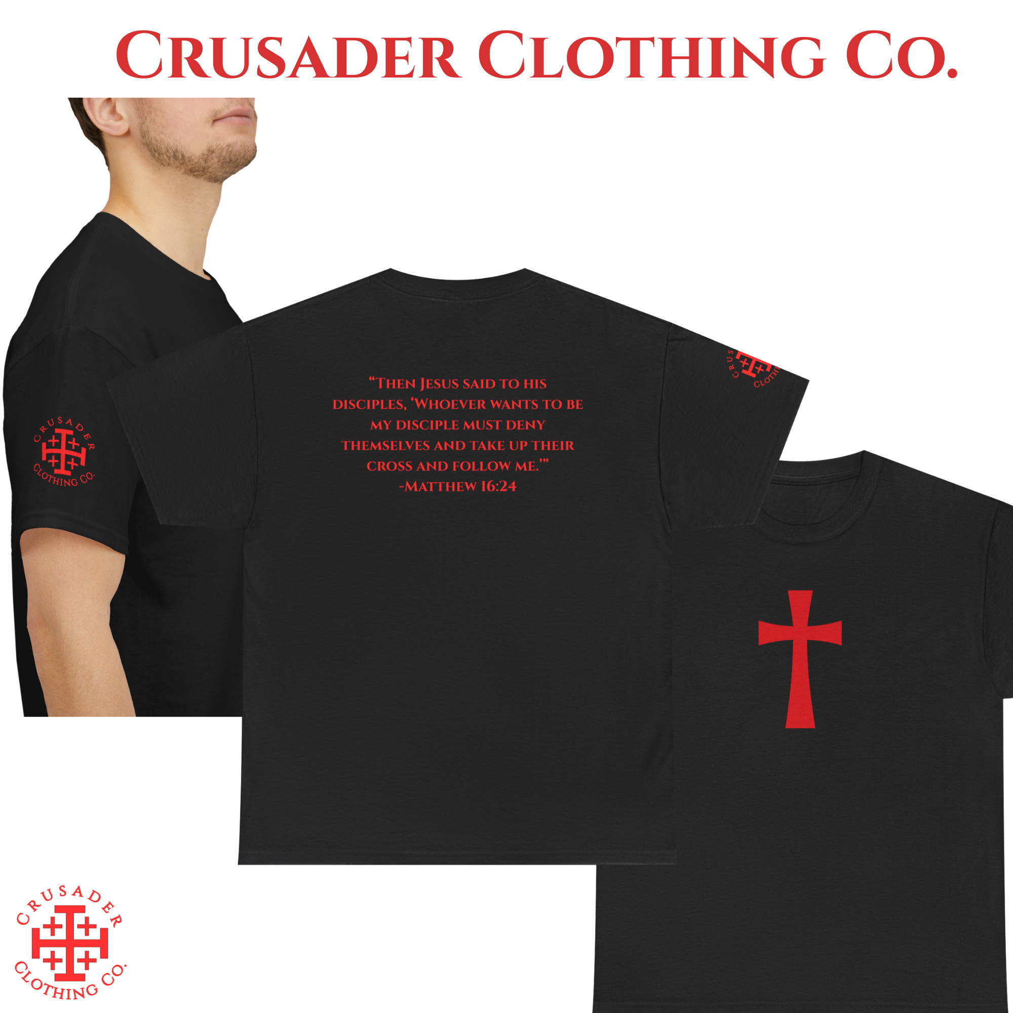 Crusader Cross Christian Tee – Matthew 16:24 Scripture Shirt – Faith Apparel for Men &amp; Women