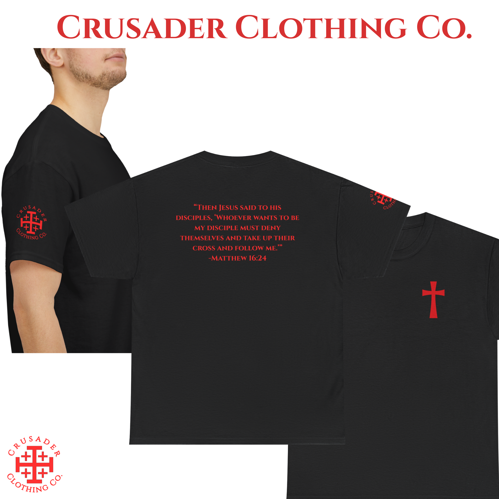 Christian Cross Tee – Matthew 16:24 Bible Verse Shirt | Crusader Clothing Co. | Faith Warrior Apparel product thumbnail image Christian Cross Tee – Matthew 16:24 Bible Verse Shirt | Crusader Clothing Co. | Faith Warrior Apparel product thumbnail image