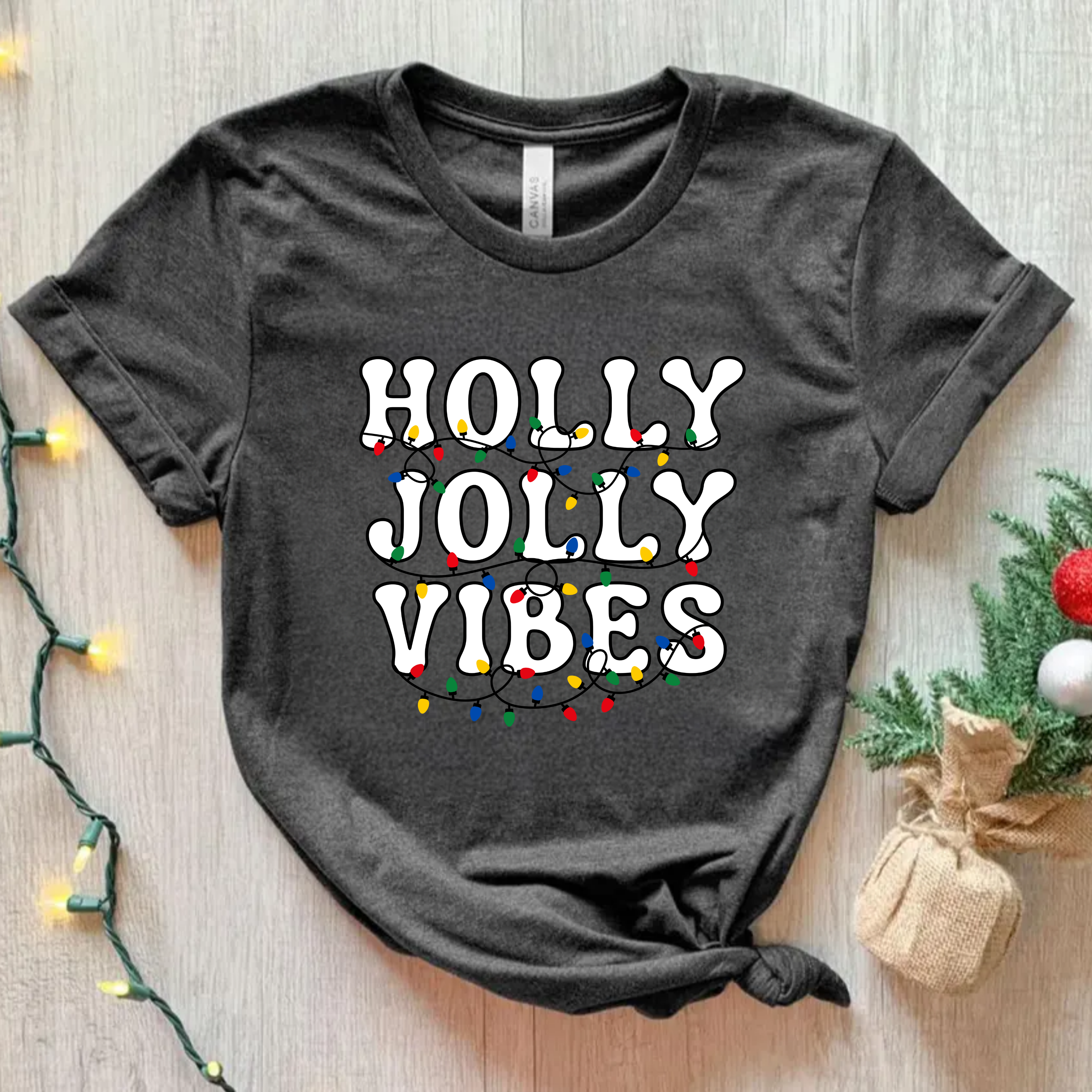 Holly Jolly Vibes T-Shirt — Festive Christmas Holiday Tee with String Lights product thumbnail image