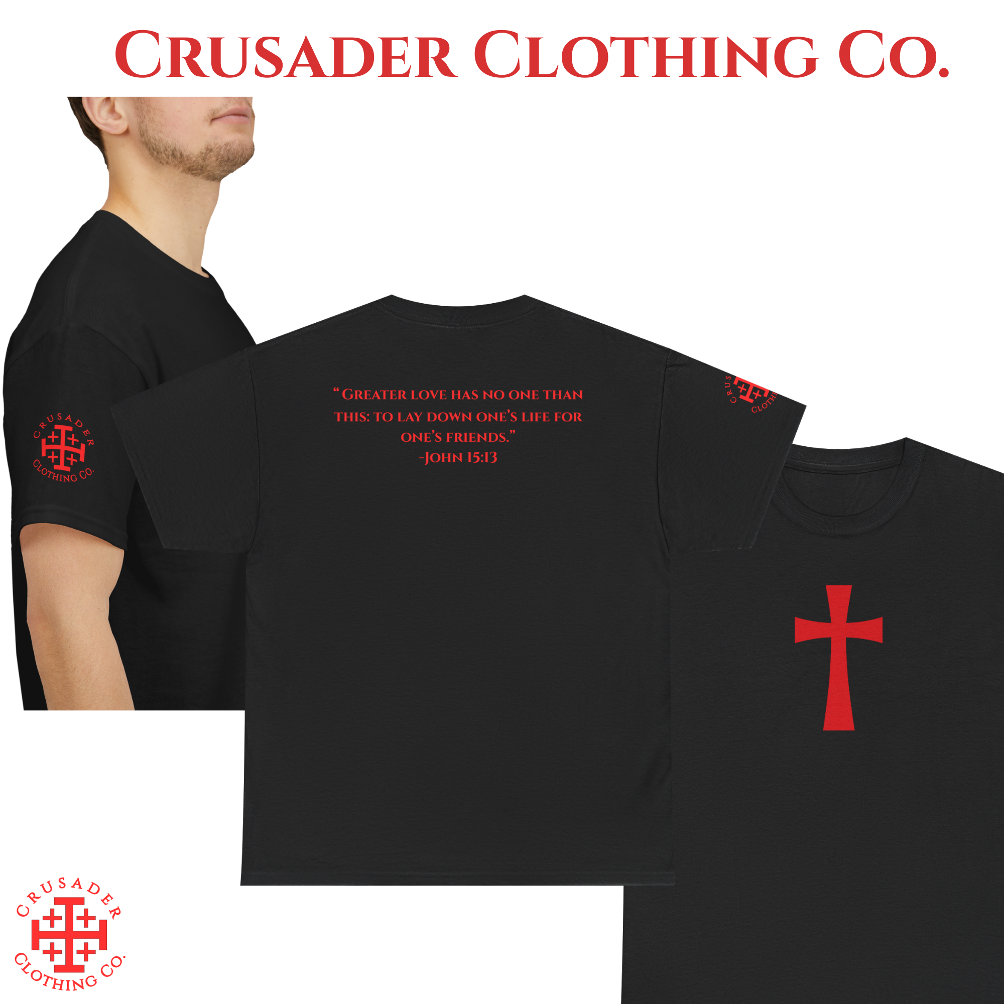 Greater Love — John 15:13 Red Crusader Cross Christian Tee product thumbnail image Greater Love — John 15:13 Red Crusader Cross Christian Tee product thumbnail image
