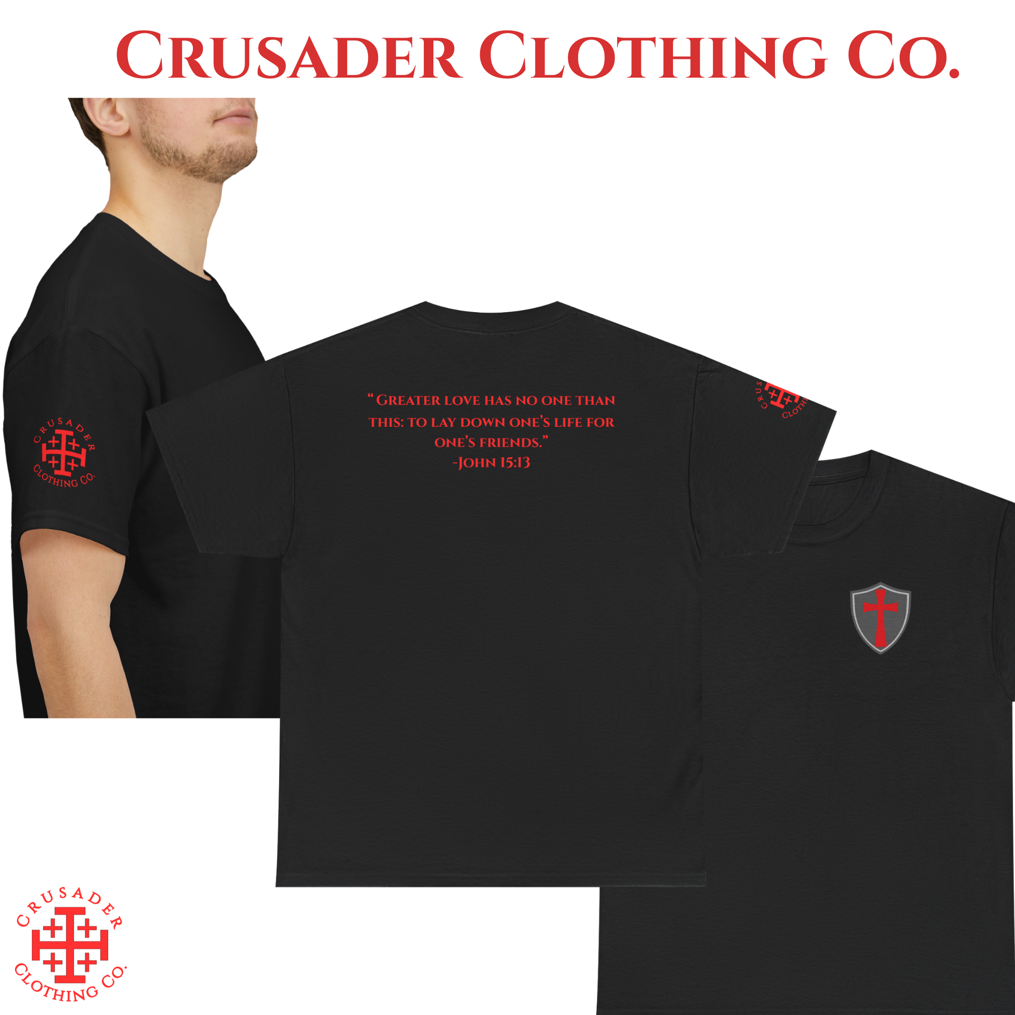 “Greater Love” Shield Crusader Tee – John 15:13 | Christian Shirt product thumbnail image “Greater Love” Shield Crusader Tee – John 15:13 | Christian Shirt product thumbnail image