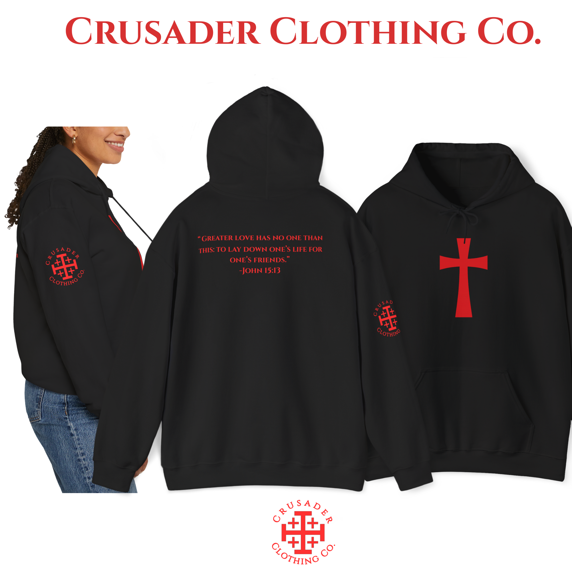 “Greater Love” Crusader Cross Hoodie – John 15:13 | Christian Hoodie