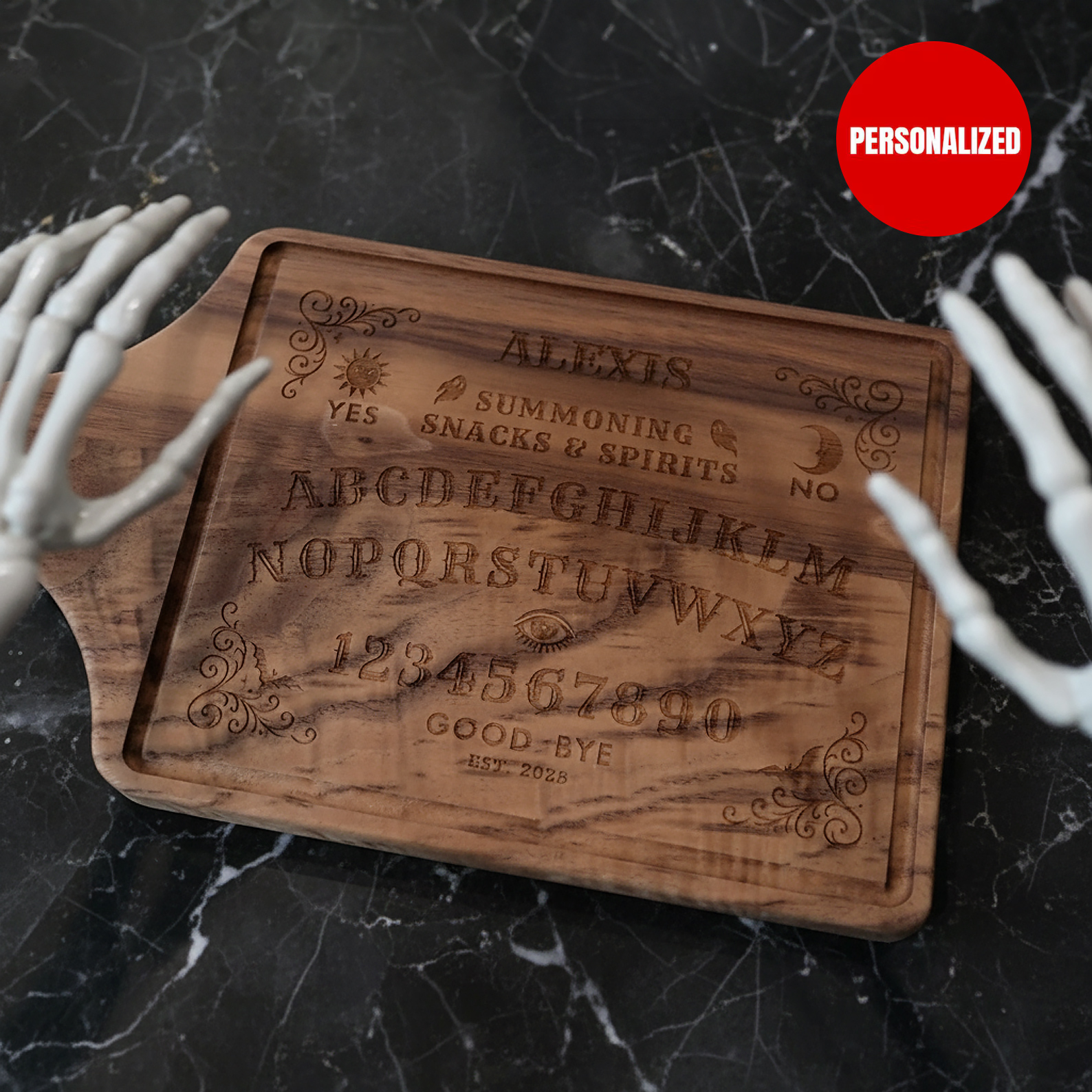 Personalized Ouija Spirit Cutting Board | 13.5 x 7 inches, walnut | Housewarming Gift