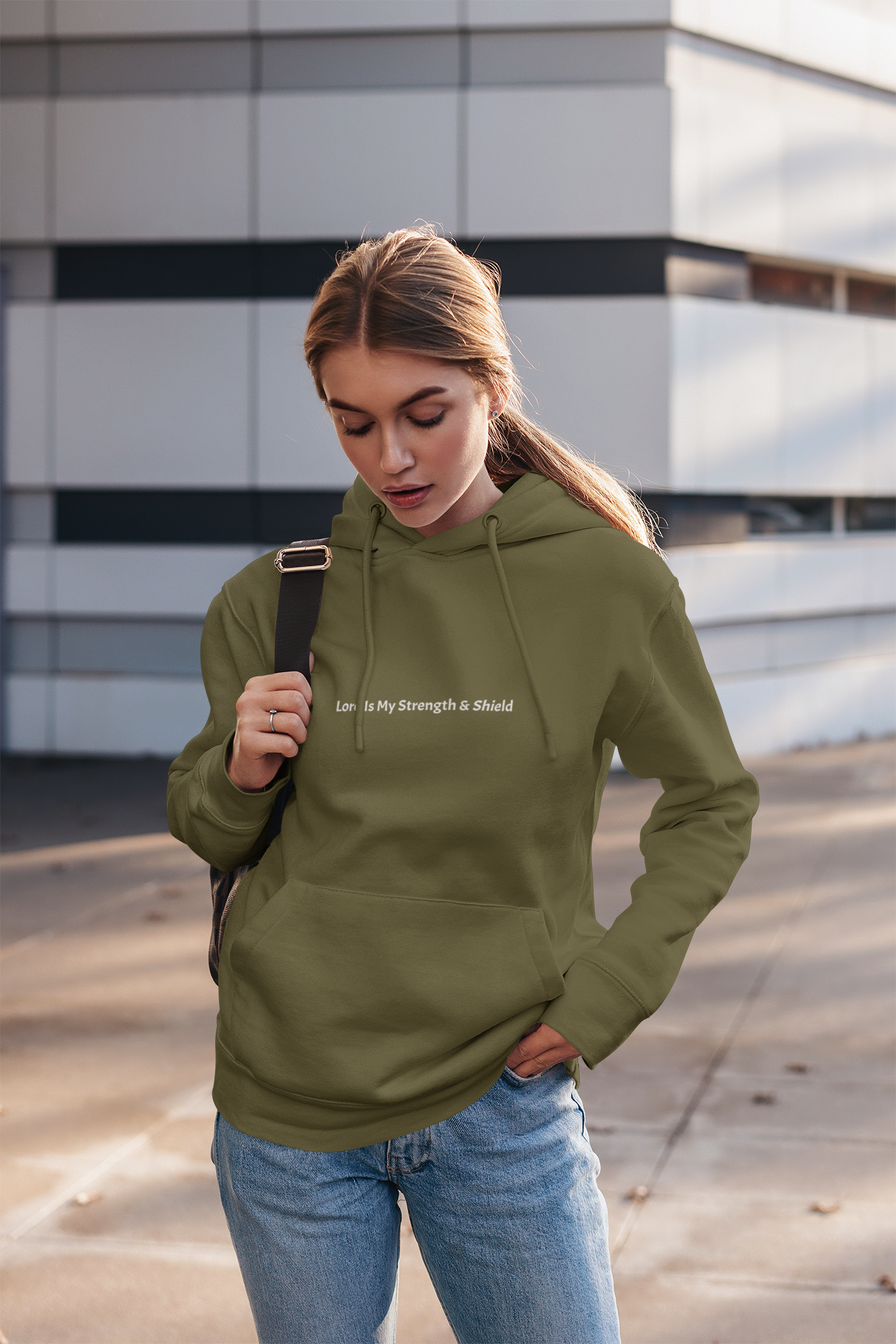 Inspirational Fleece Hoodie — Psalm 28:7, "The Lord Is My Strength and My Shield" Christian Prayer Hoodie product thumbnail image