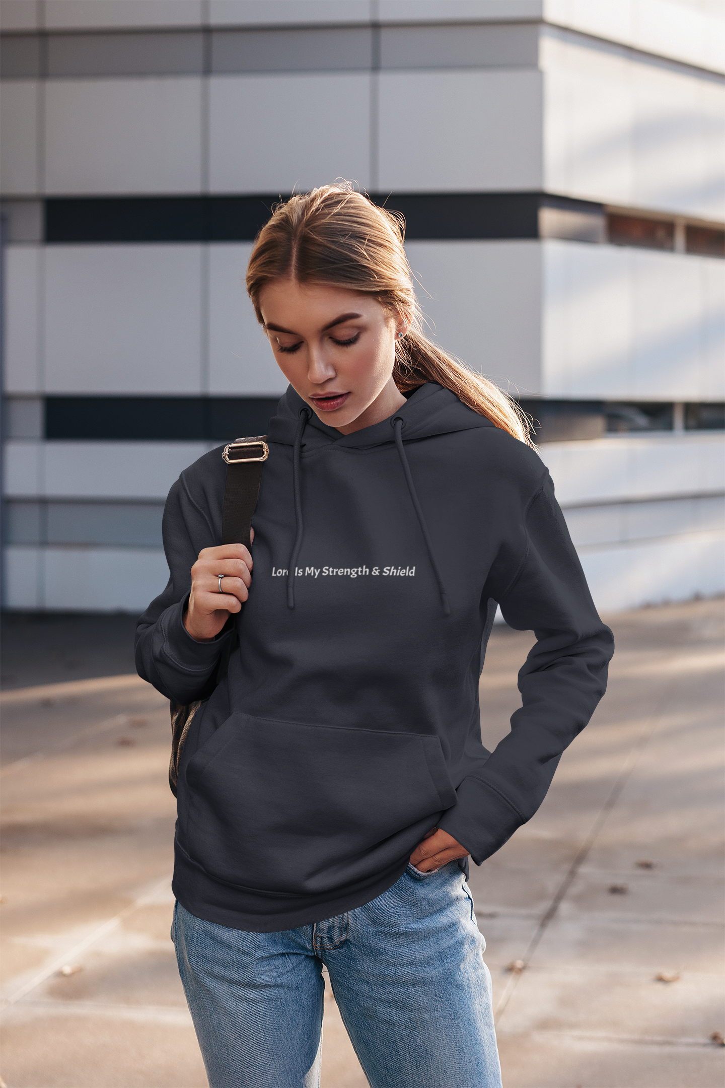 Inspirational Fleece Hoodie — Psalm 28:7, "The Lord Is My Strength and My Shield" Christian Prayer Hoodie product thumbnail image