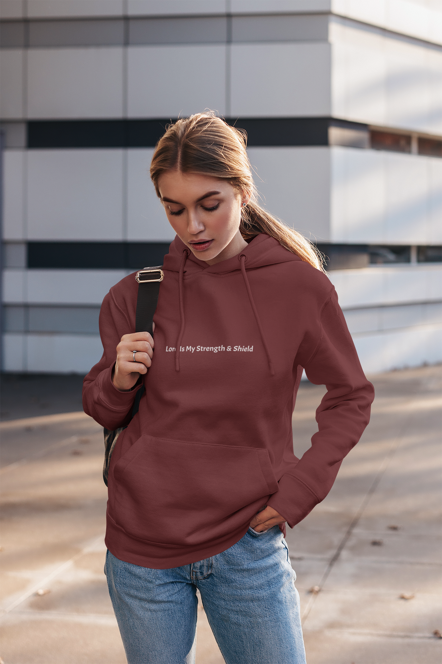 Inspirational Fleece Hoodie — Psalm 28:7, "The Lord Is My Strength and My Shield" Christian Prayer Hoodie product thumbnail image