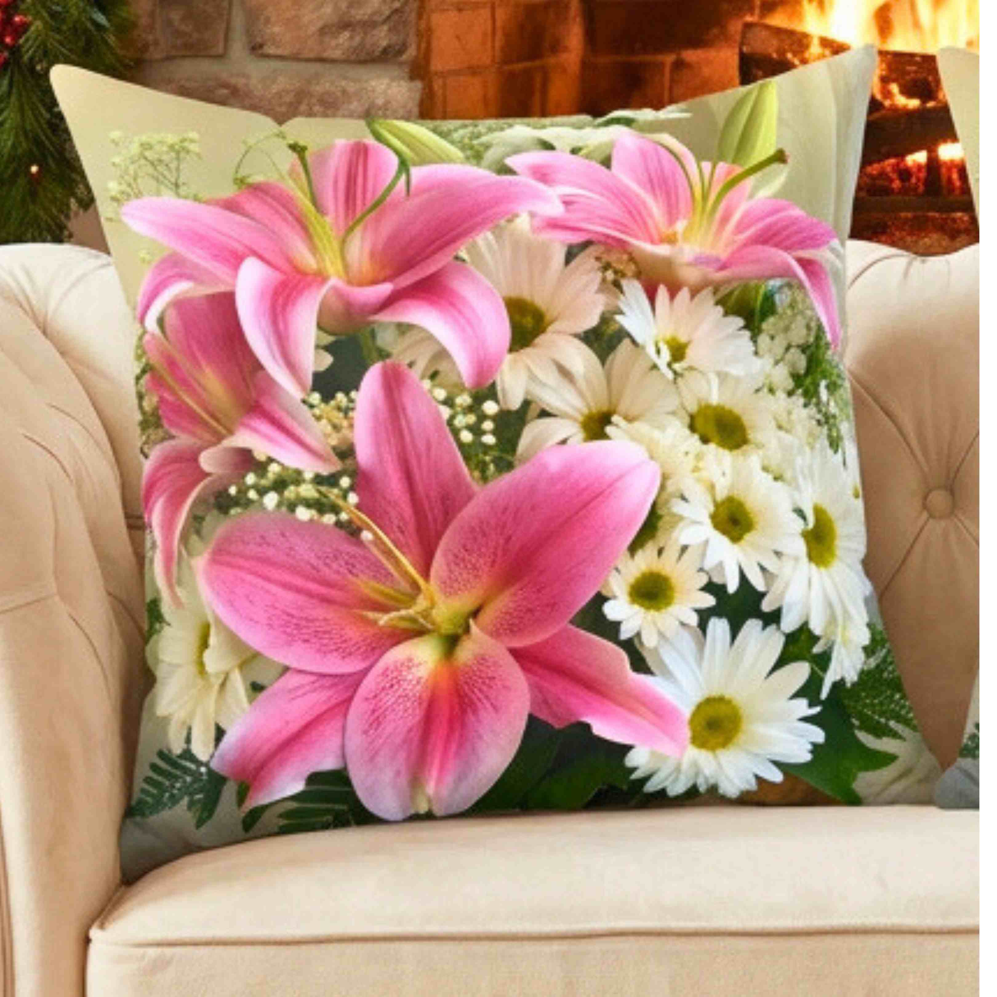 Pink Stargazers and Daisys Decorative Pillow — Square Polyester Throw Cushion