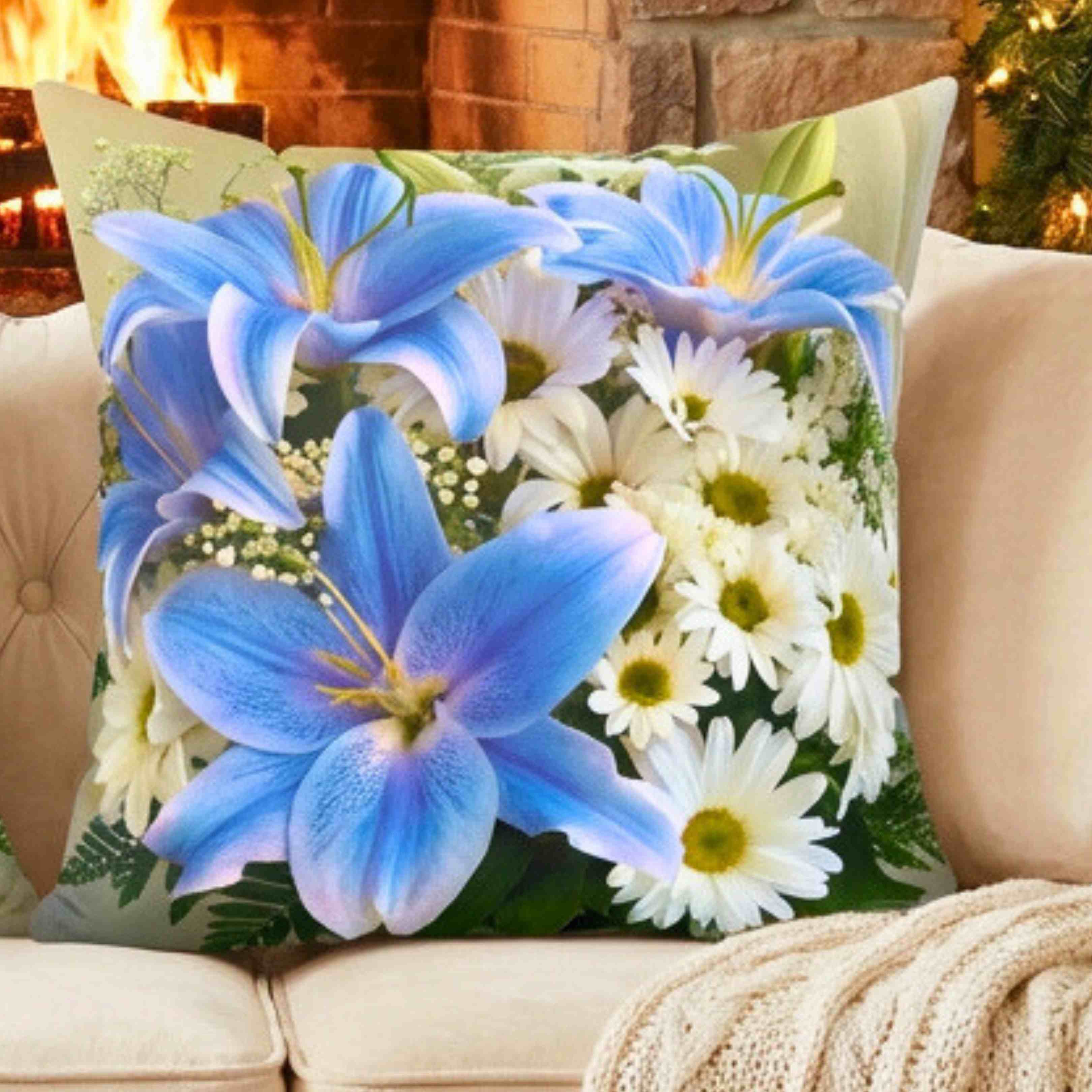 Blue Stargazers and White Daisy Bouquet Pillow | Floral Decorative Throw Pillow