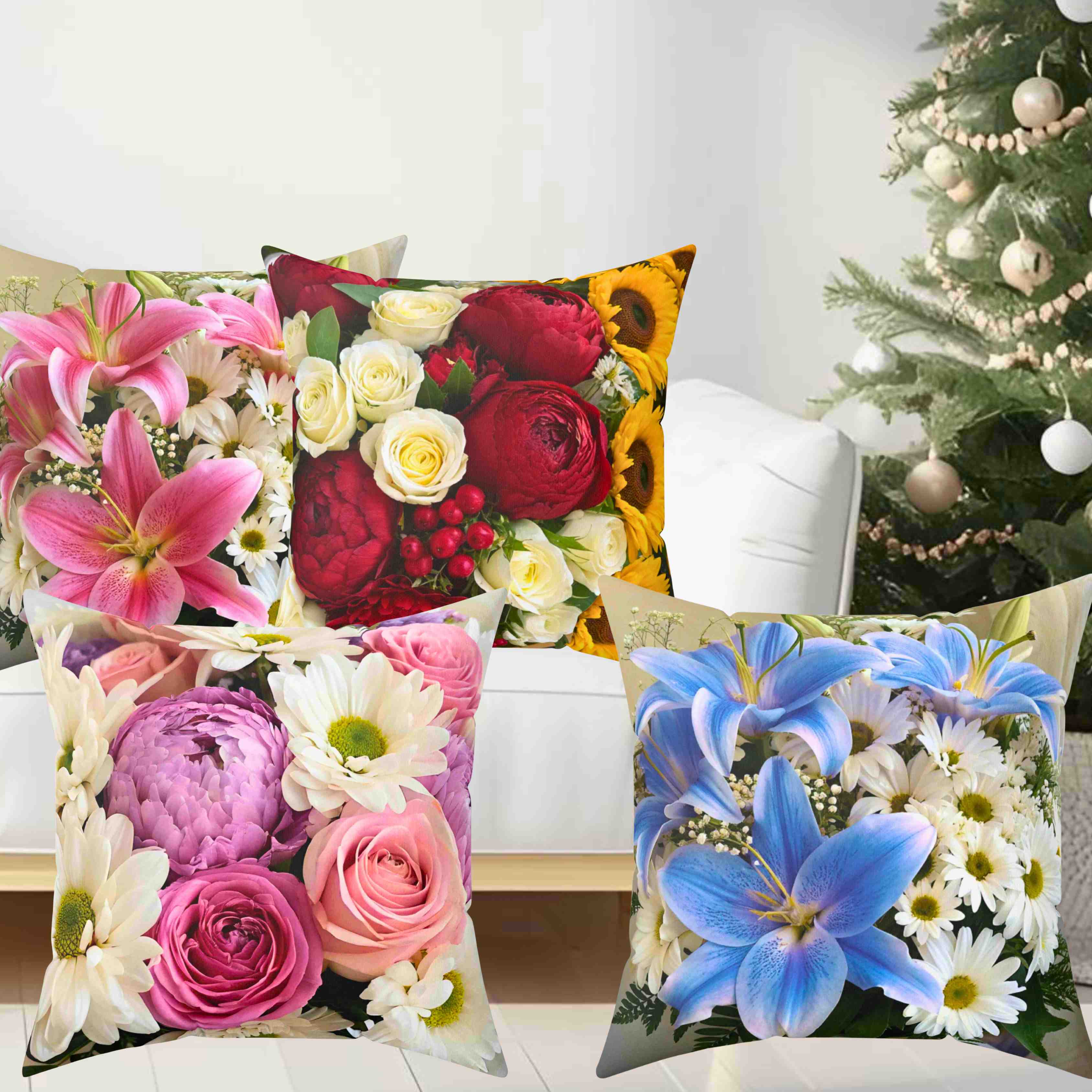 Red and White Rose Bouquet Pillow | Floral Decorative Pillow product thumbnail image