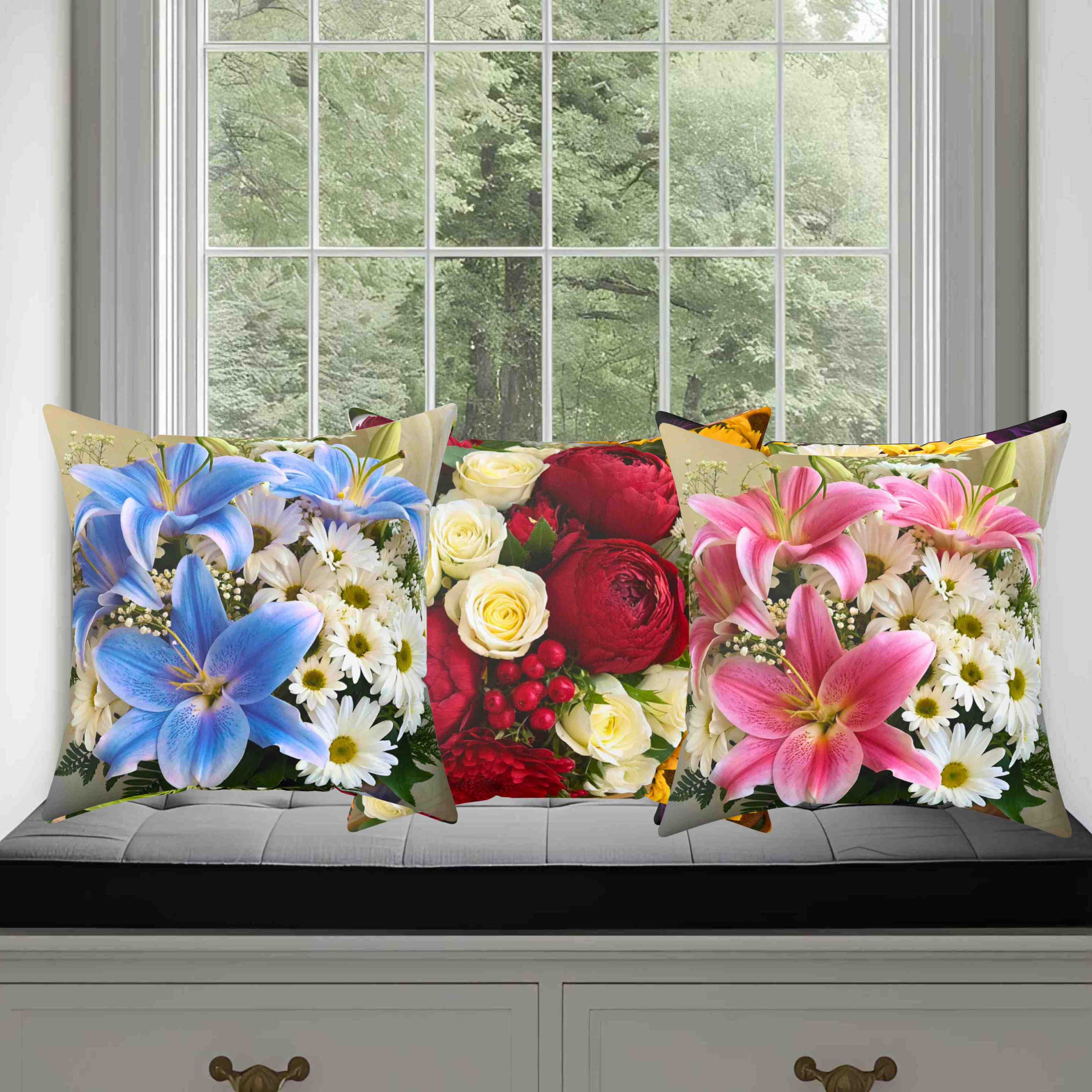 Red and White Rose Bouquet Pillow | Floral Decorative Pillow product thumbnail image