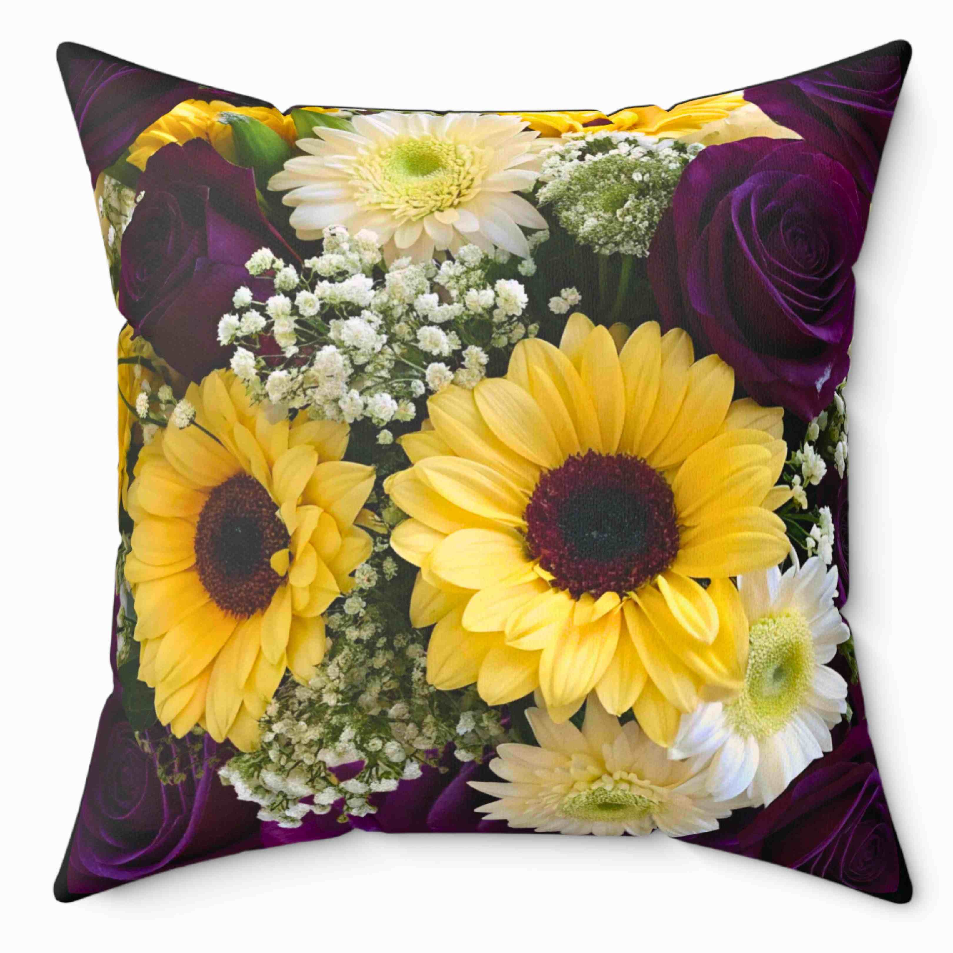 Sunflowers and Purple Roses Floral Square Pillow | Floral Decorative Pillow product thumbnail image
