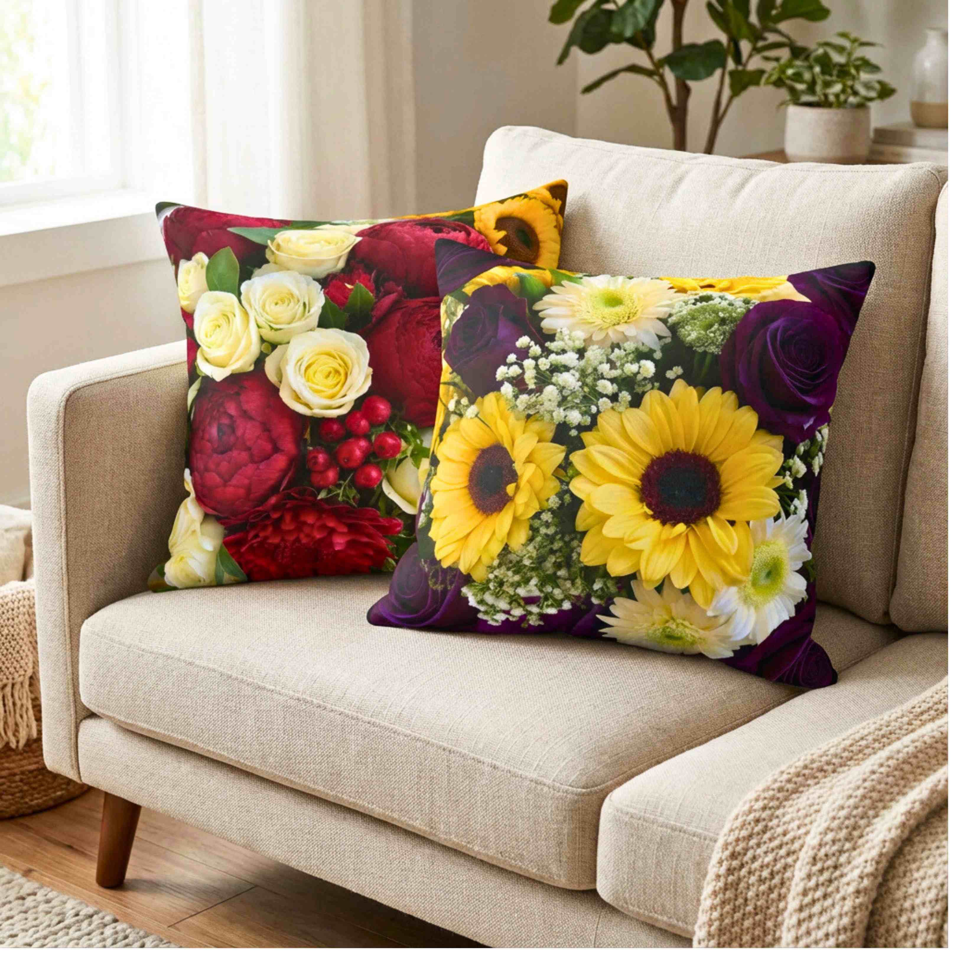 Sunflowers and Purple Roses Floral Square Pillow | Floral Decorative Pillow product thumbnail image