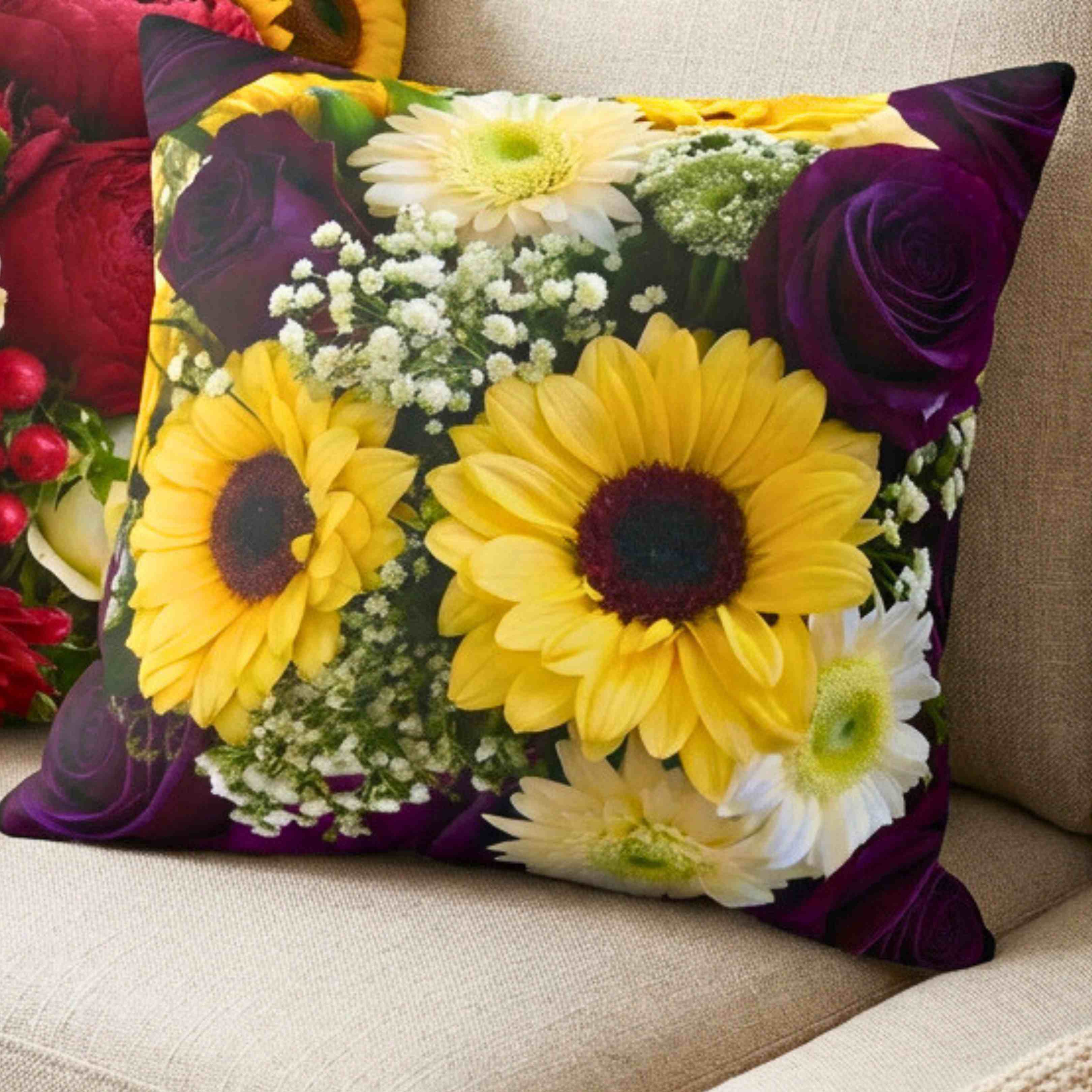 Sunflowers and Purple Roses Floral Square Pillow | Floral Decorative Pillow product thumbnail image