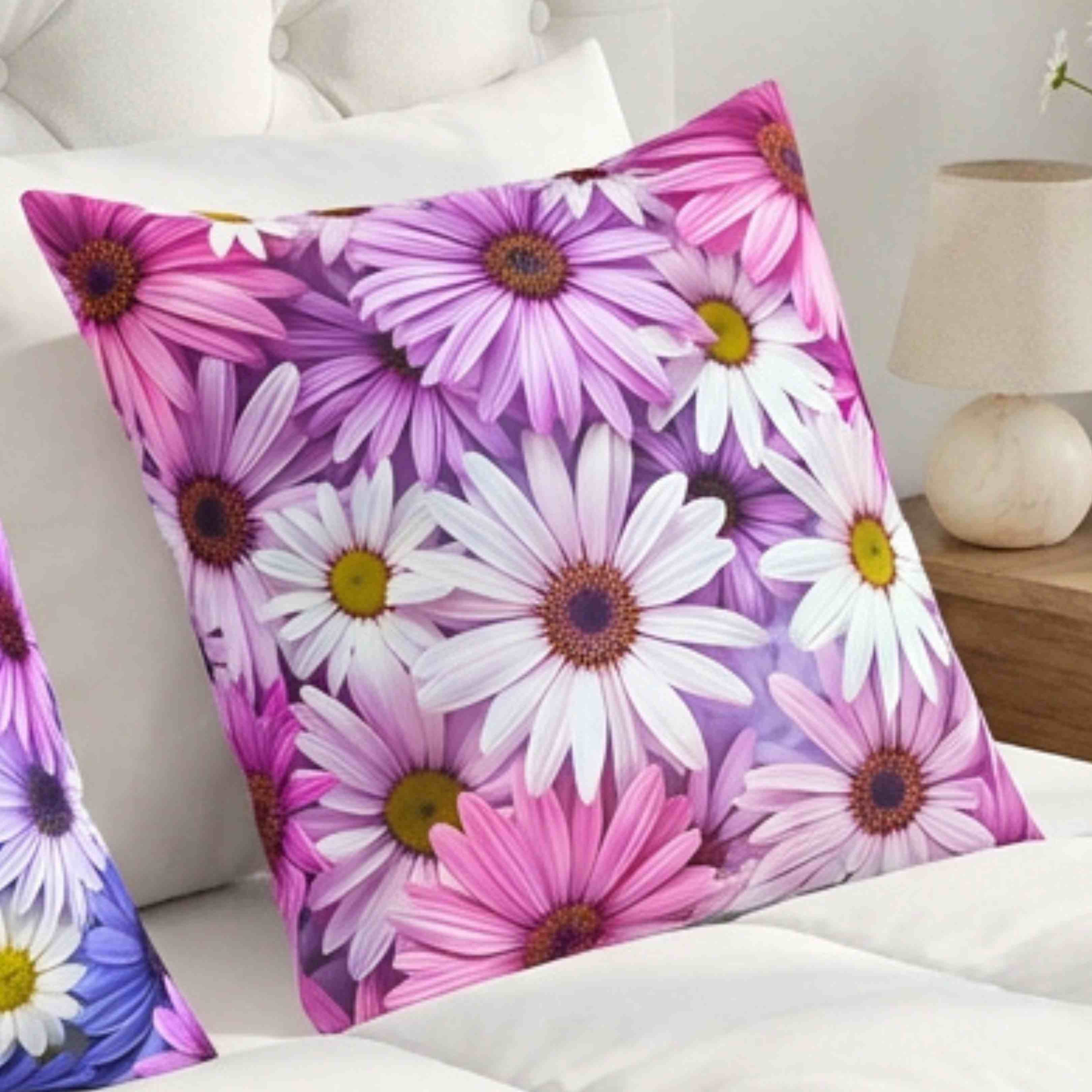 Pink &amp; Lavender Daisy Floral Throw Pillow — Decorative Square Cushion