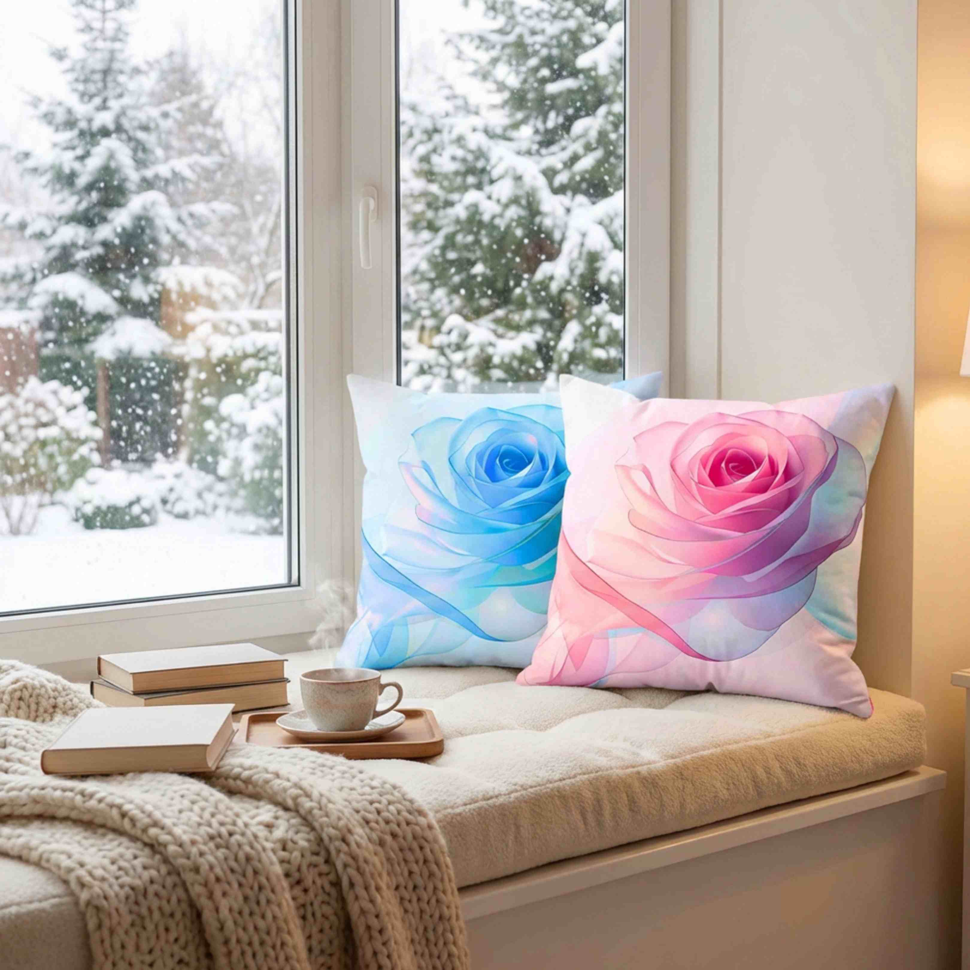 Elegant Blue Ribbon Rose Square Pillow, Floral Home Decor, Couch Cushion, Gift for Mom, Wedding Decor, Spring Accent product thumbnail image