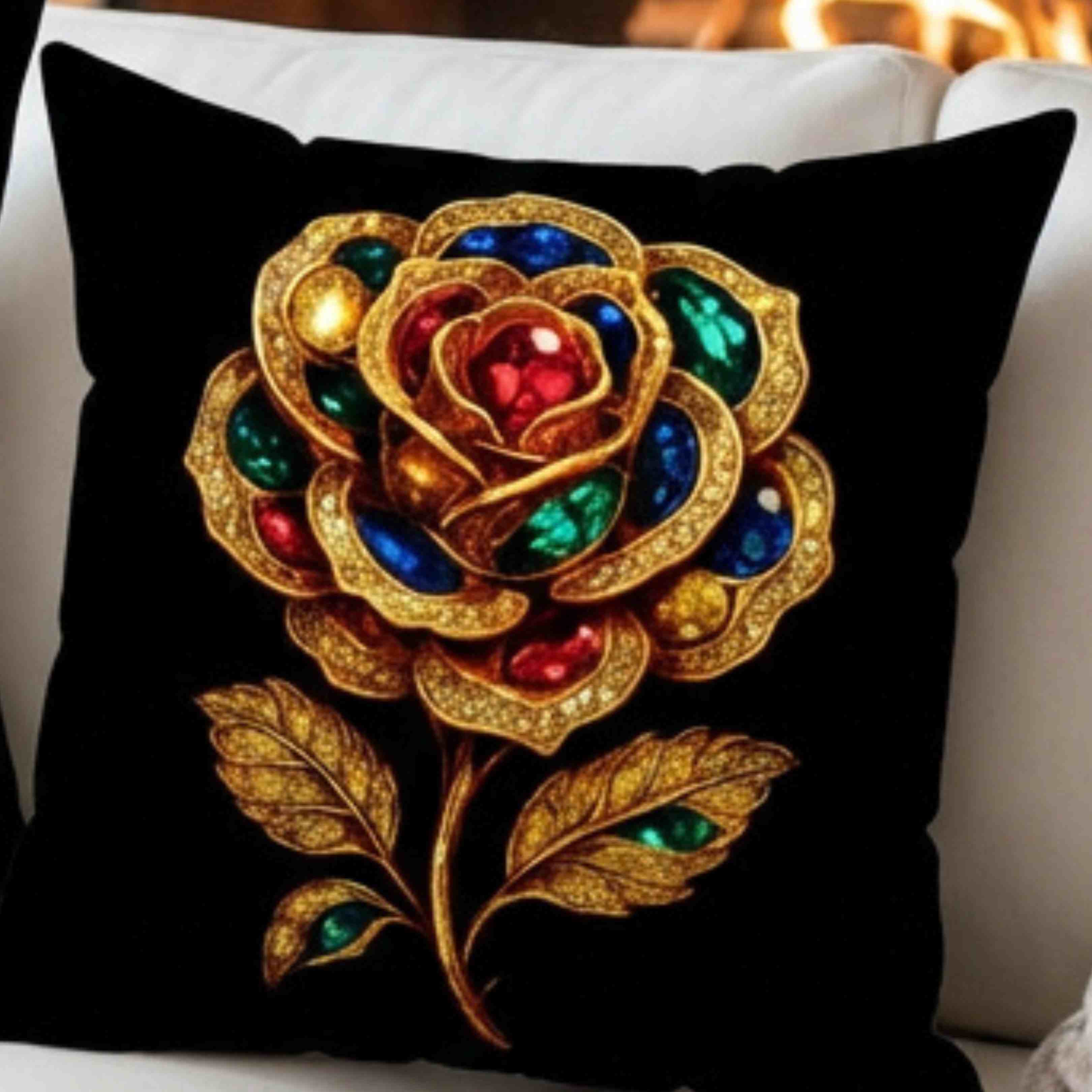 Jeweled Gold Rose Pillow | Spun Polyester Square Pillow