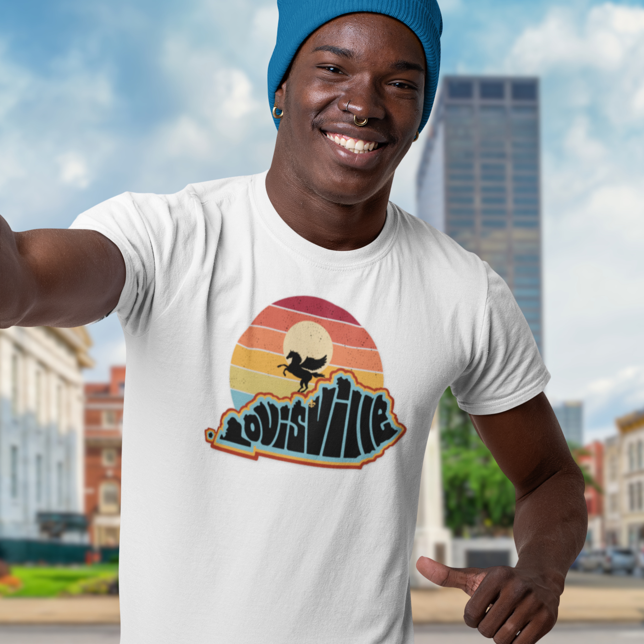 Personalized Sunset Louisville Graphic T-Shirt, Casual Summer Wear, Gift for Travelers, Retro Style Tee, Unisex Softstyle Shirt, Kentucky Pride
